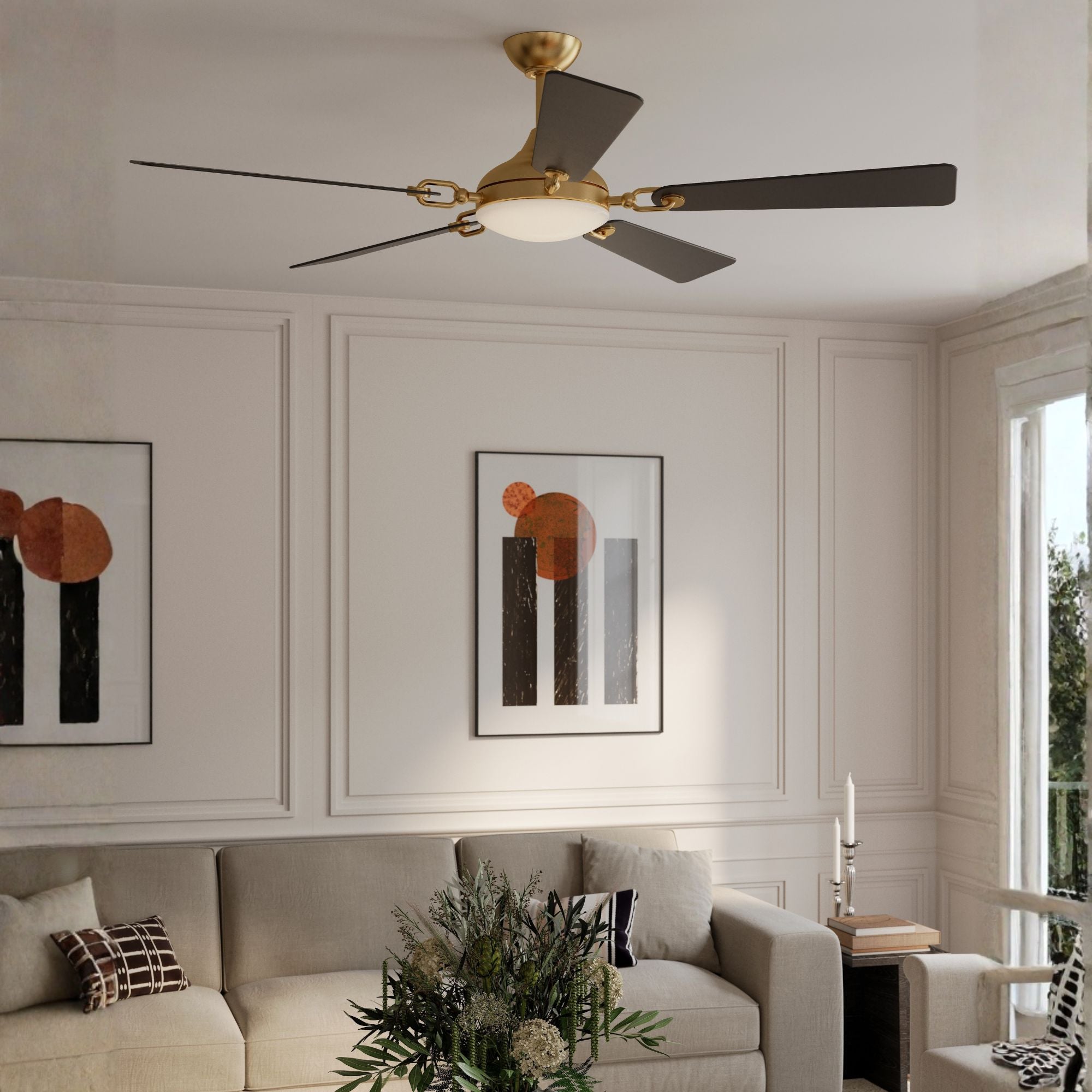 Cadena 65" 5-CCT LED Smart Ceiling Fan, Heritage Brass with Coal Blades