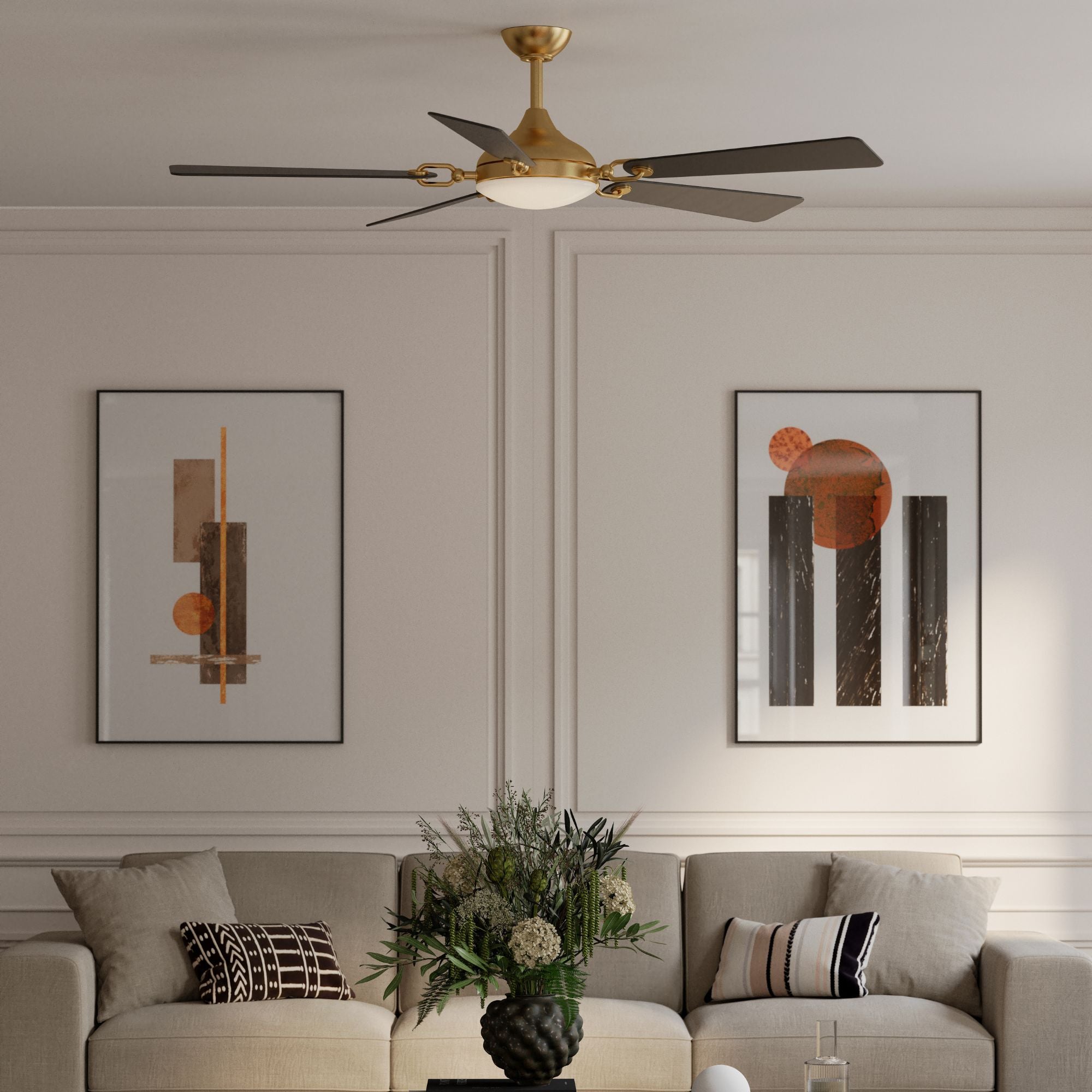 Cadena 65" 5-CCT LED Smart Ceiling Fan, Heritage Brass with Coal Blades