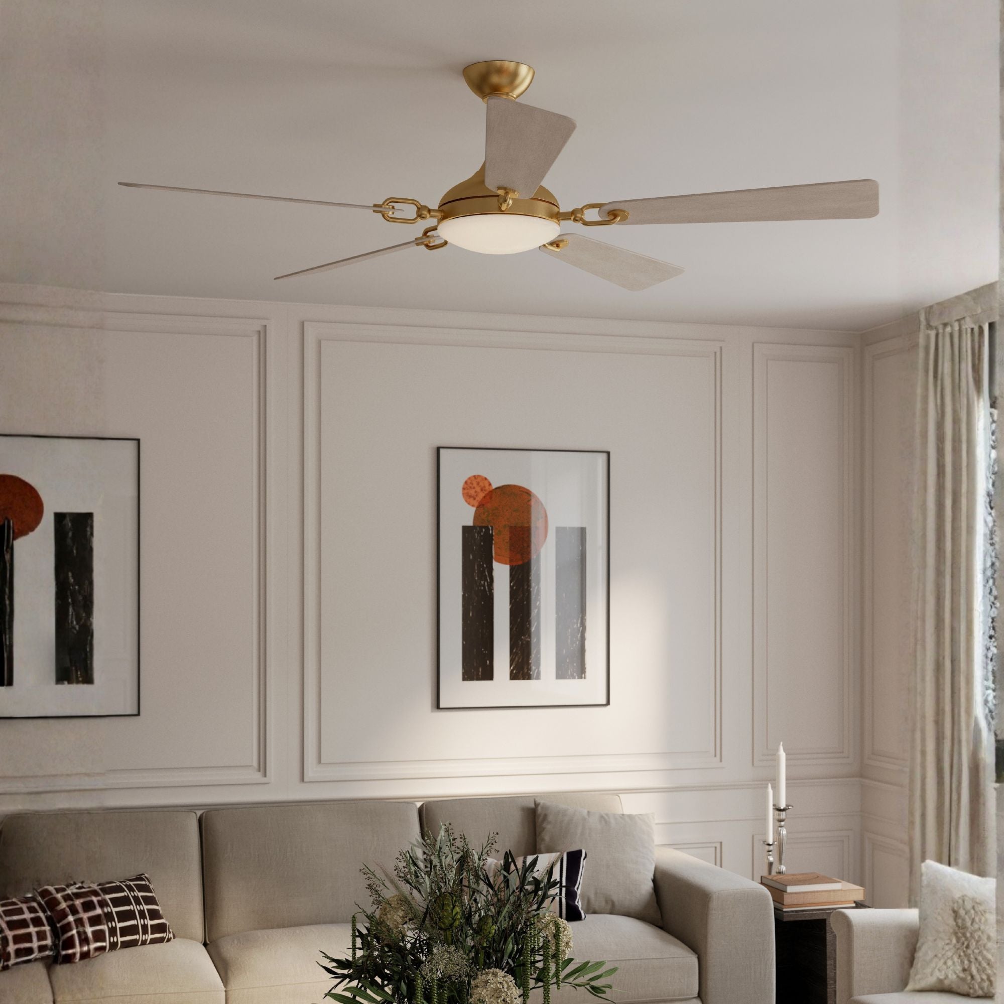 Cadena 65" 5-CCT LED Smart Ceiling Fan, Heritage Brass with Warm Coastal Driftwood Blades