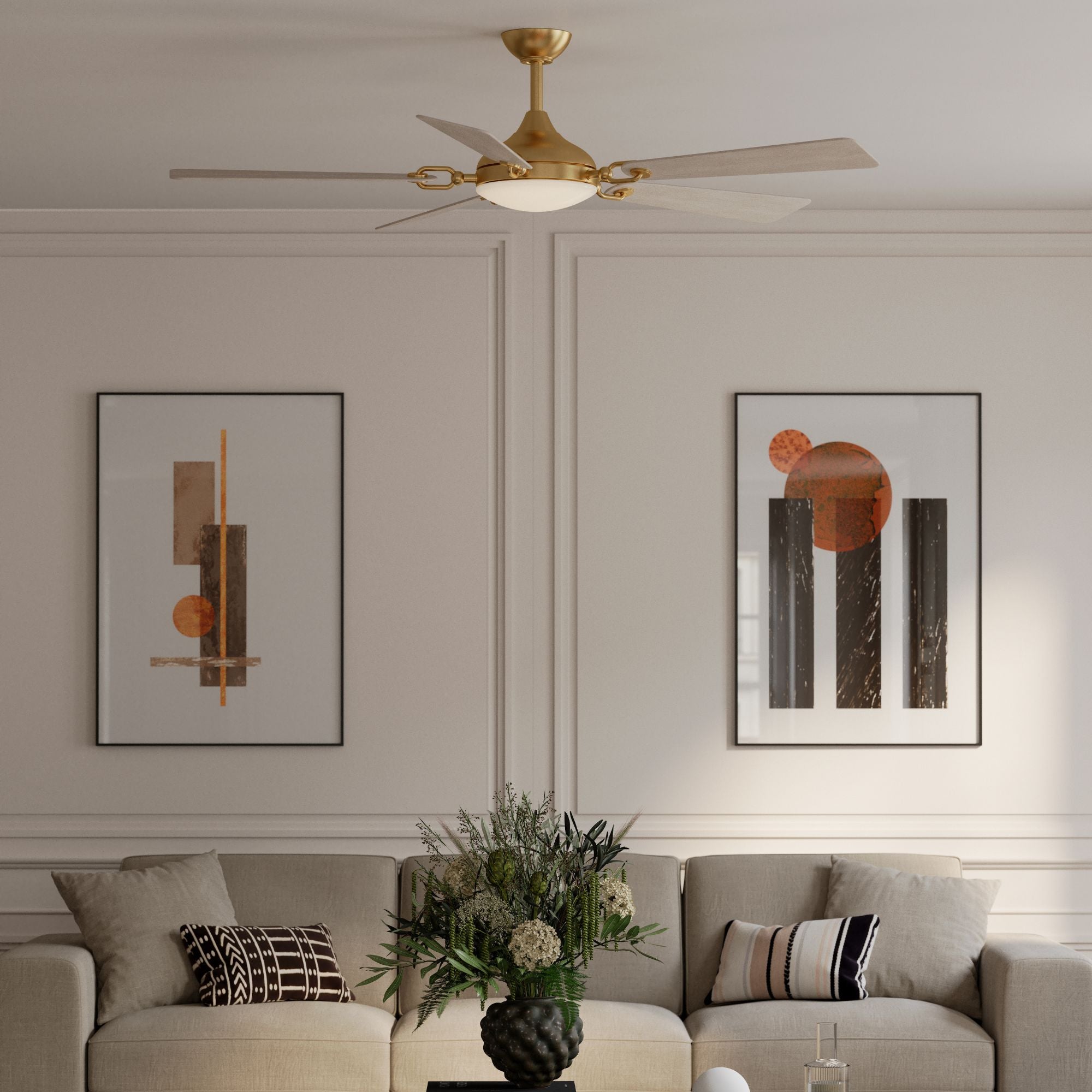 Cadena 65" 5-CCT LED Smart Ceiling Fan, Heritage Brass with Warm Coastal Driftwood Blades