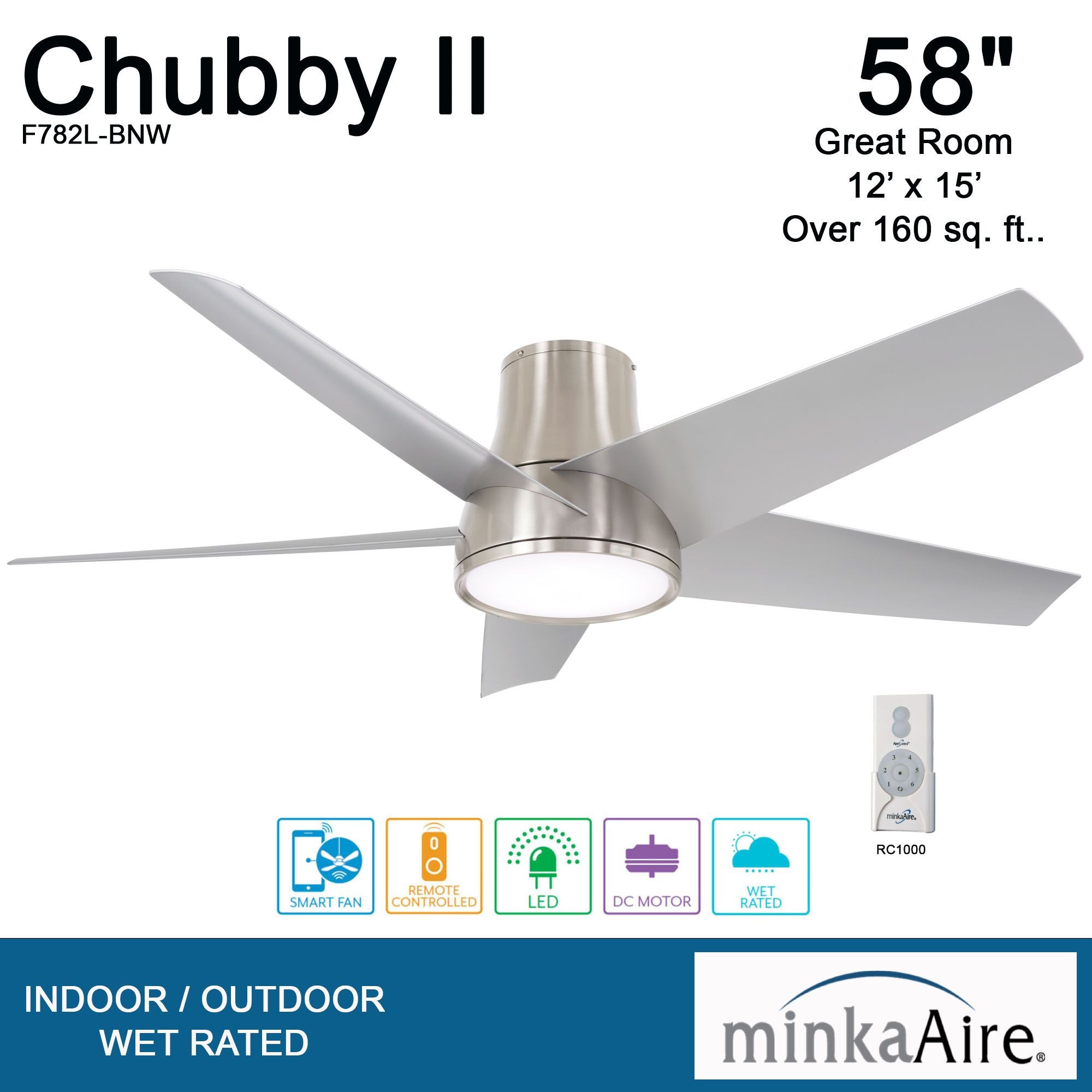 Chubby II 58" Brushed Nickel Flush Mount LED Smart Ceiling Fan - Bees Lighting