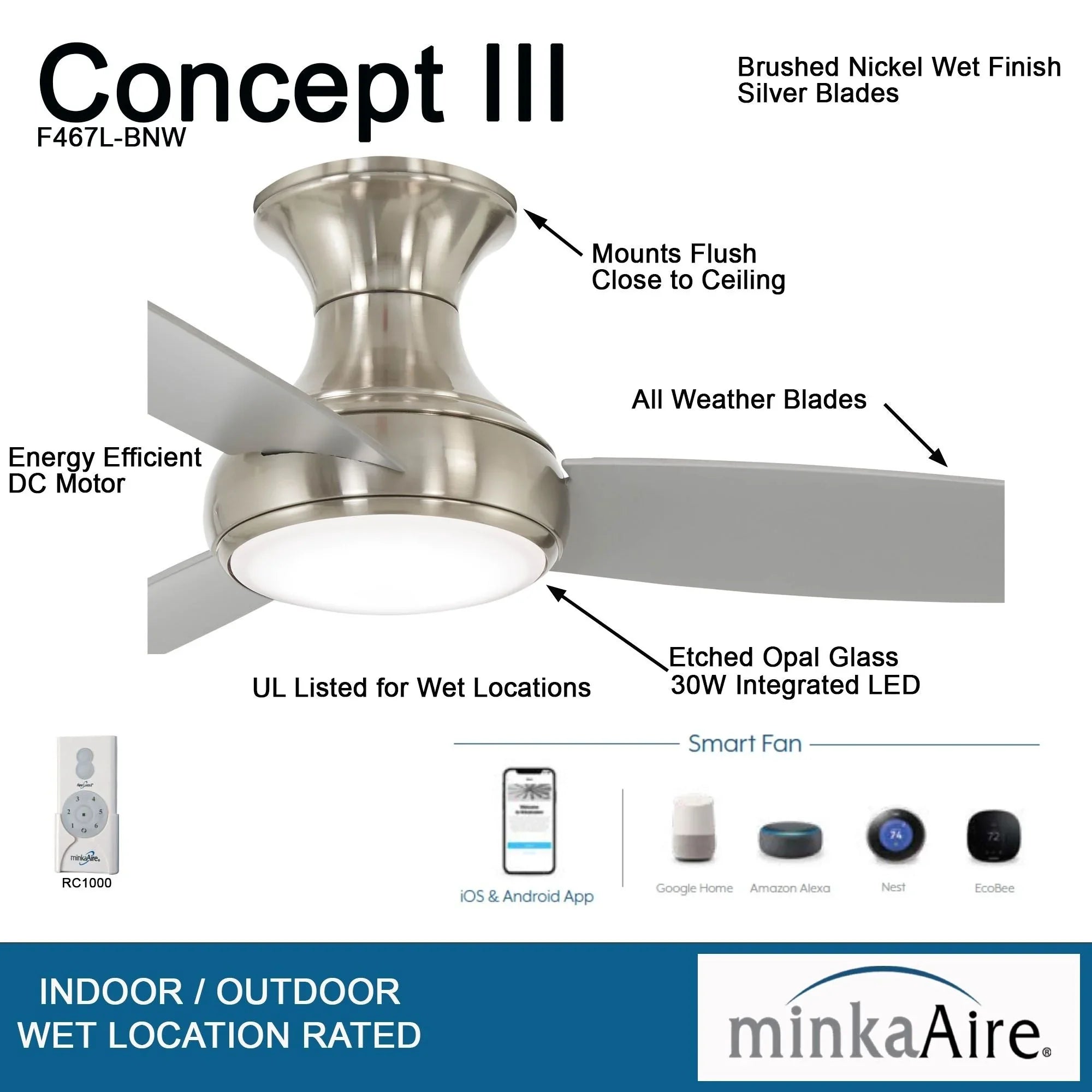 Concept III 54" Nickel Outdoor Hugger LED Smart Ceiling Fan