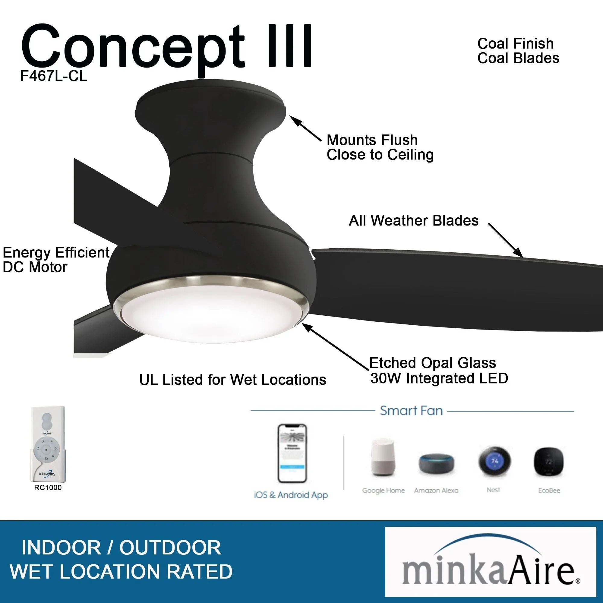 Concept III 54" Black Coal Outdoor Hugger LED Smart Ceiling Fan