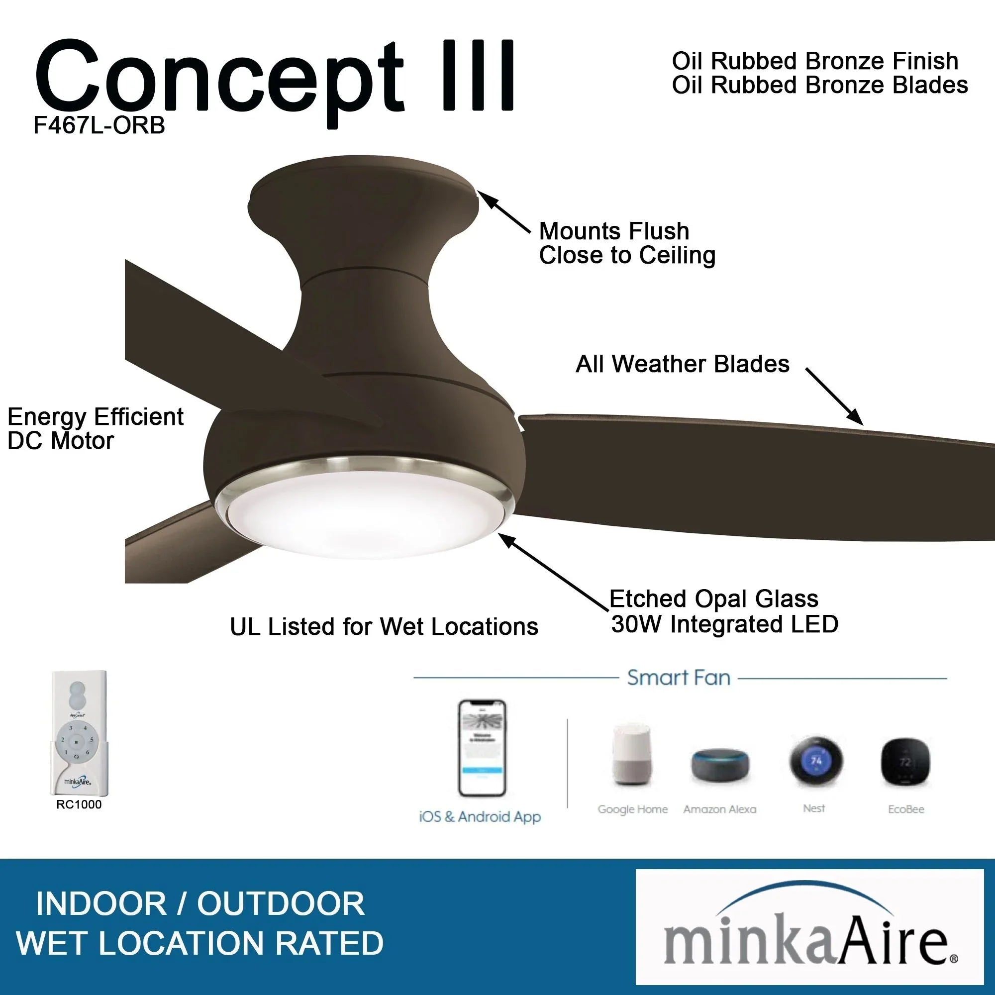 Concept III 54" Bronze Outdoor Hugger LED Smart Ceiling Fan
