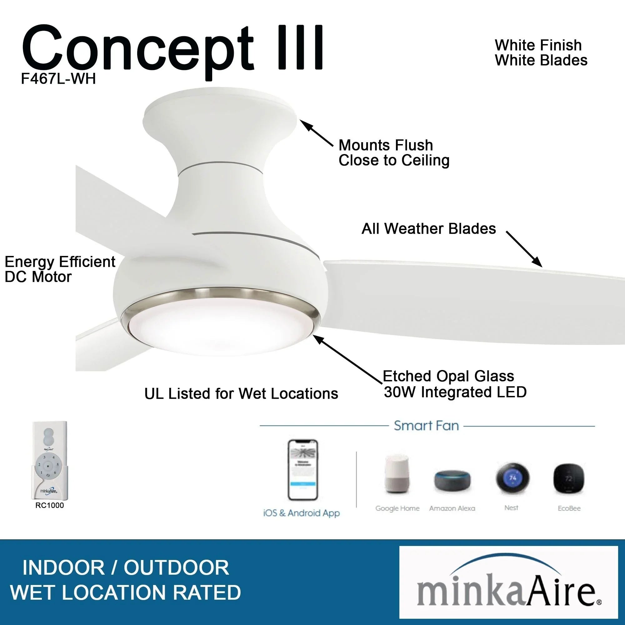 Concept III 54" White Outdoor Hugger LED Smart Ceiling Fan