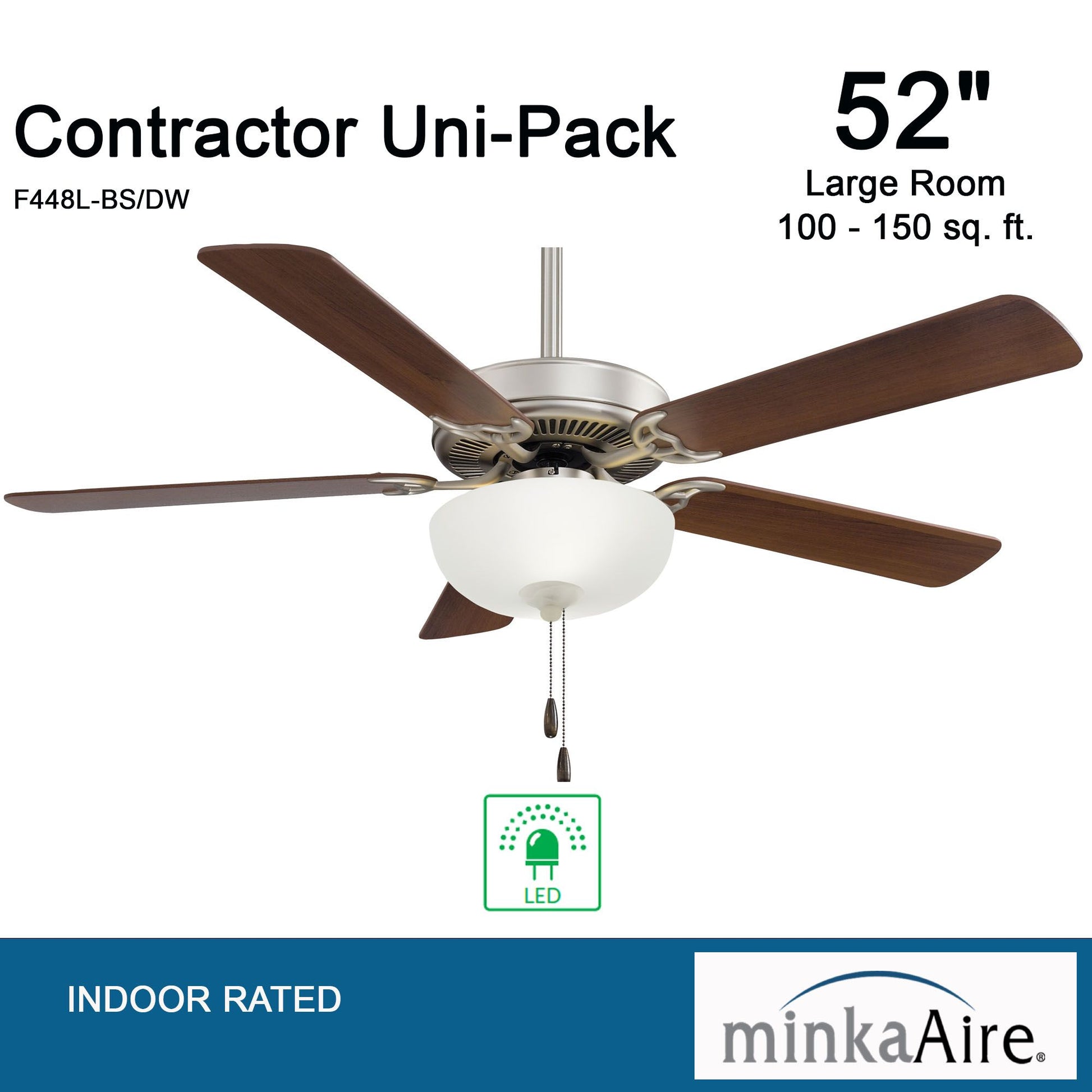 Contractor II Uni-Pack 52" LED Ceiling Fan with Pull Chain, Brushed Steel with Walnut Blades - Bees Lighting