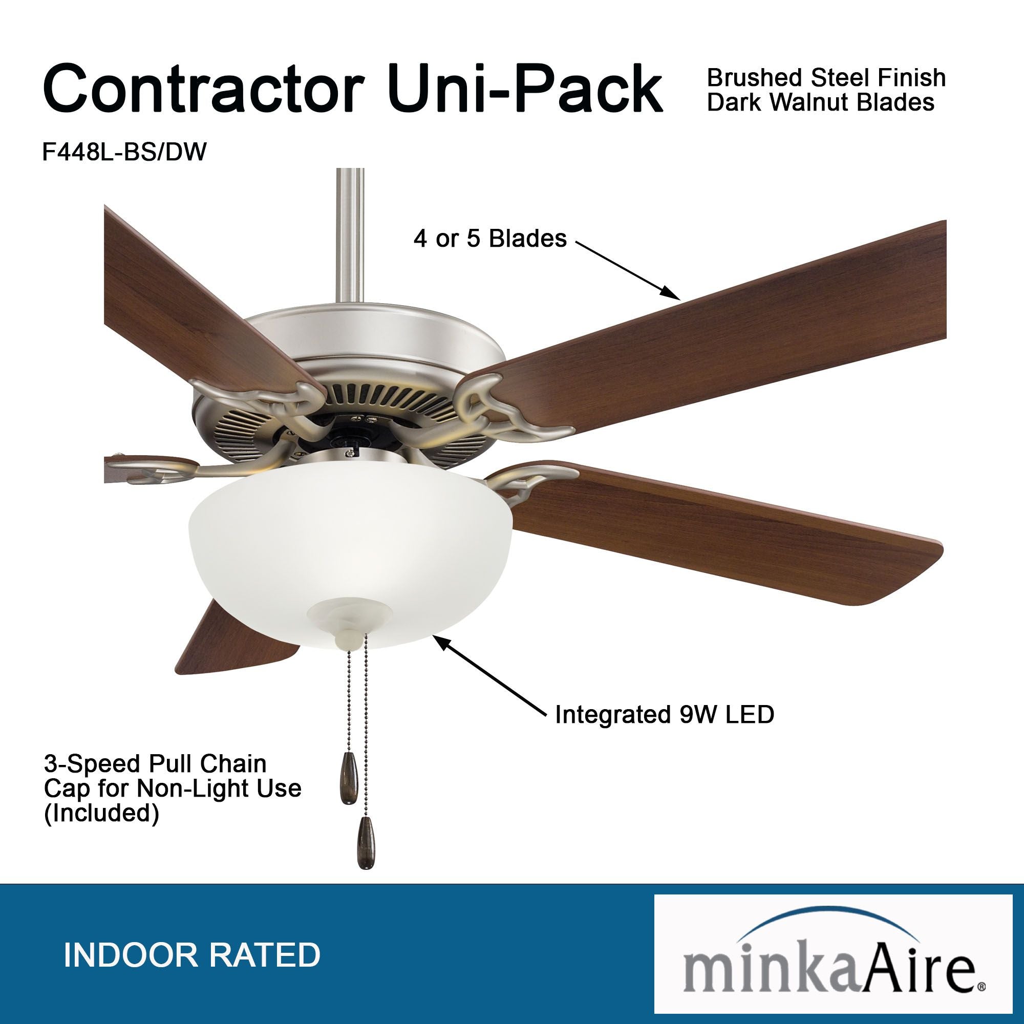 Contractor II Uni-Pack 52" LED Ceiling Fan with Pull Chain, Brushed Steel with Walnut Blades - Bees Lighting