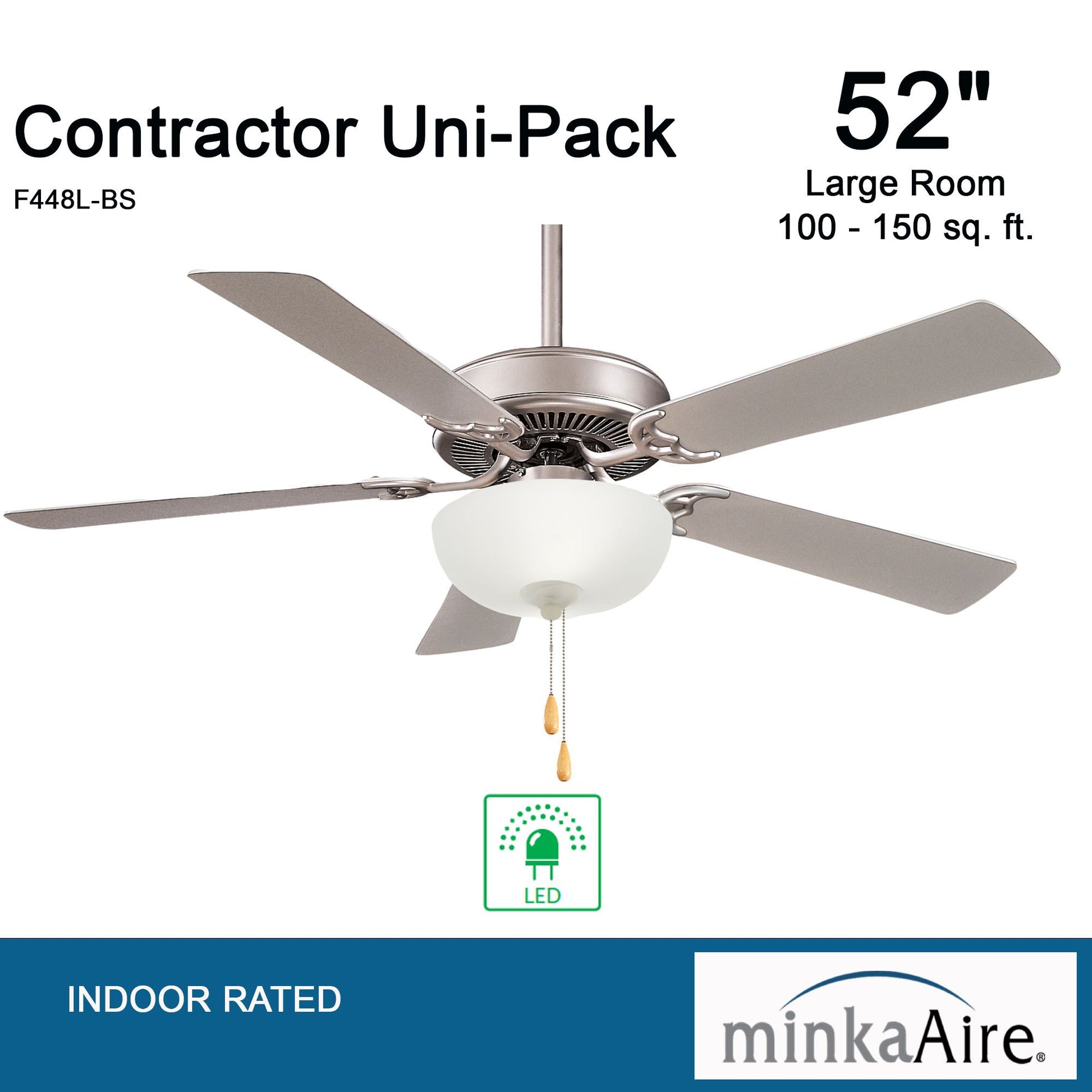 Contractor II Uni-Pack 52" LED Ceiling Fan with Pull Chain, Brushed Steel - Bees Lighting