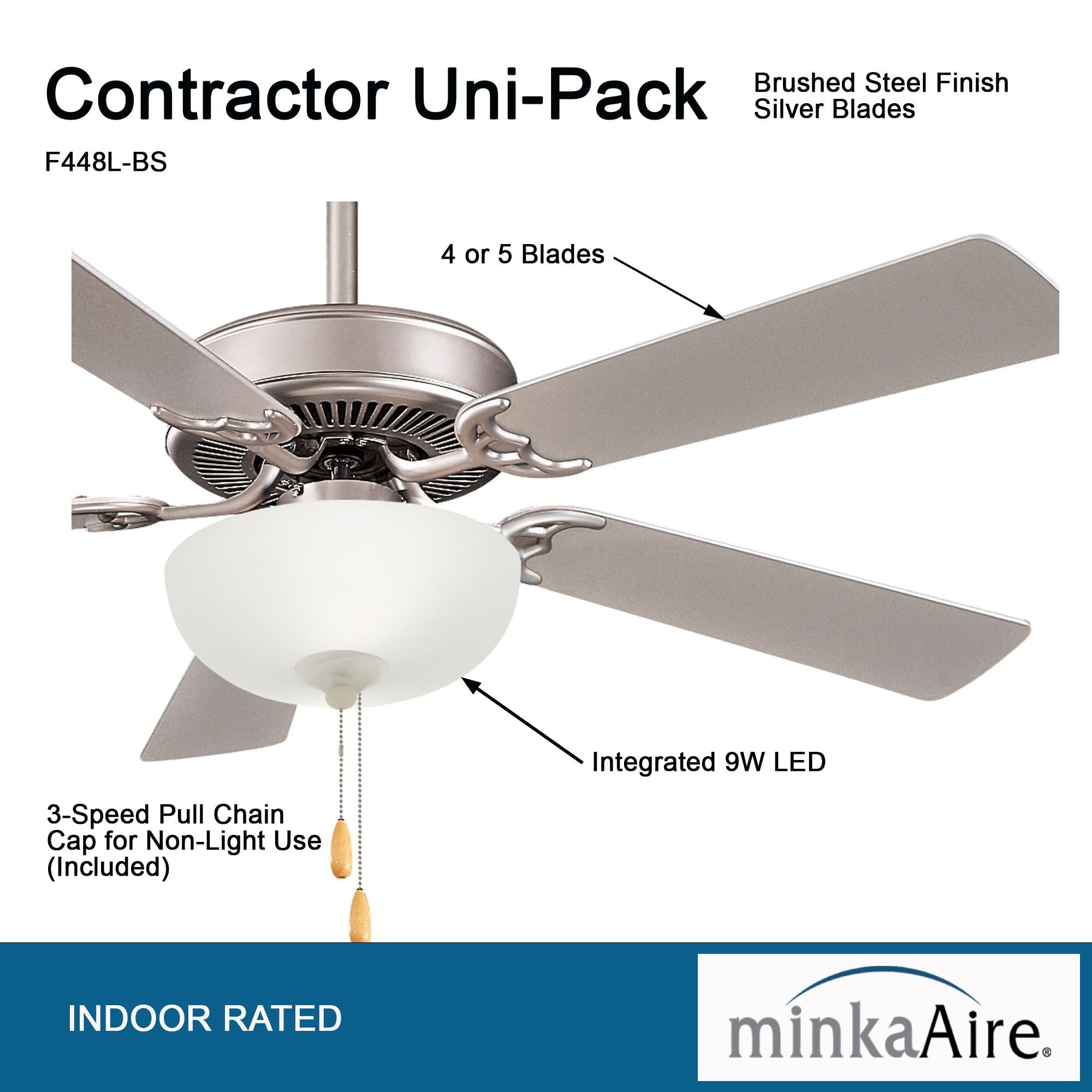Contractor II Uni-Pack 52" LED Ceiling Fan with Pull Chain, Brushed Steel - Bees Lighting