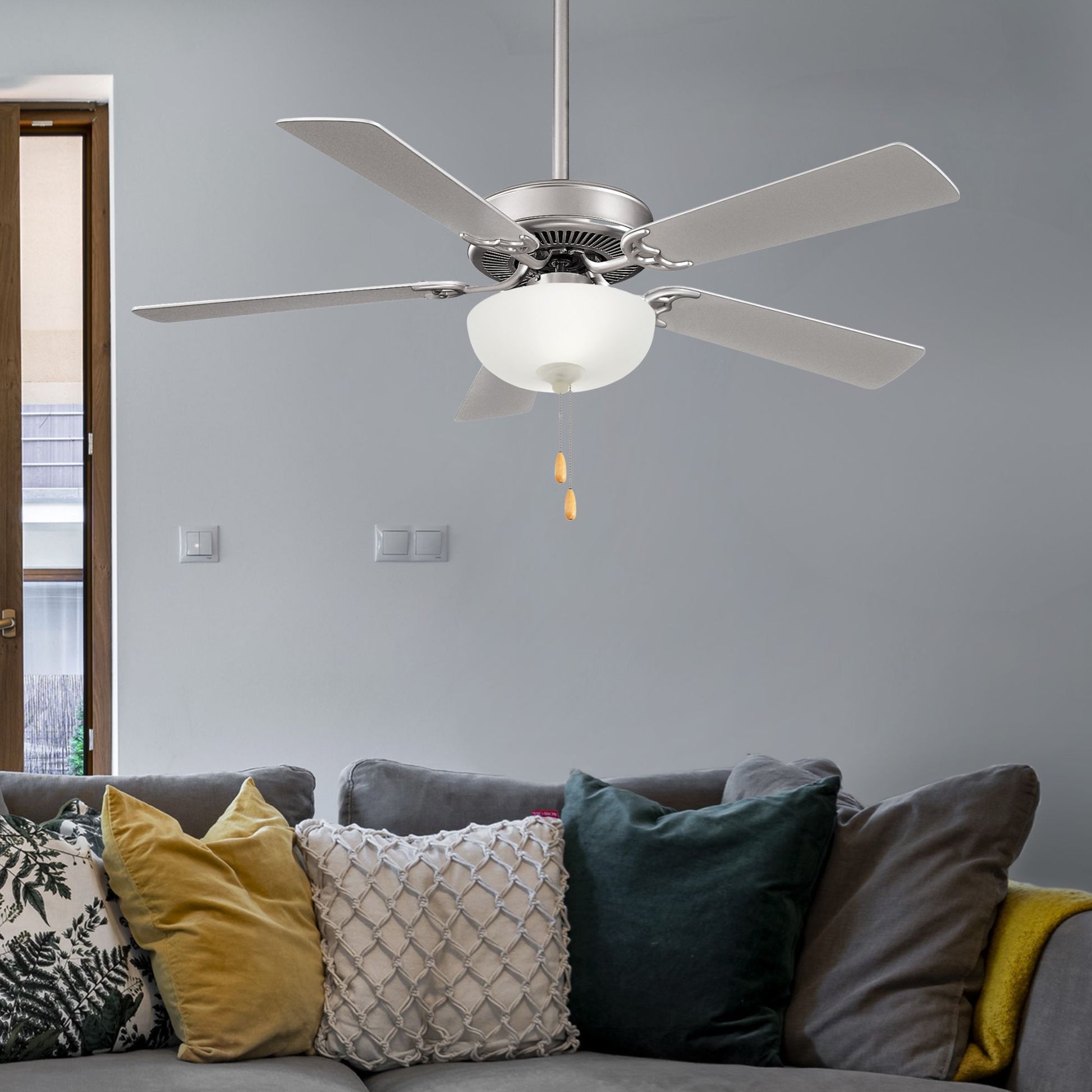 Contractor II Uni-Pack 52" LED Ceiling Fan with Pull Chain, Brushed Steel - Bees Lighting