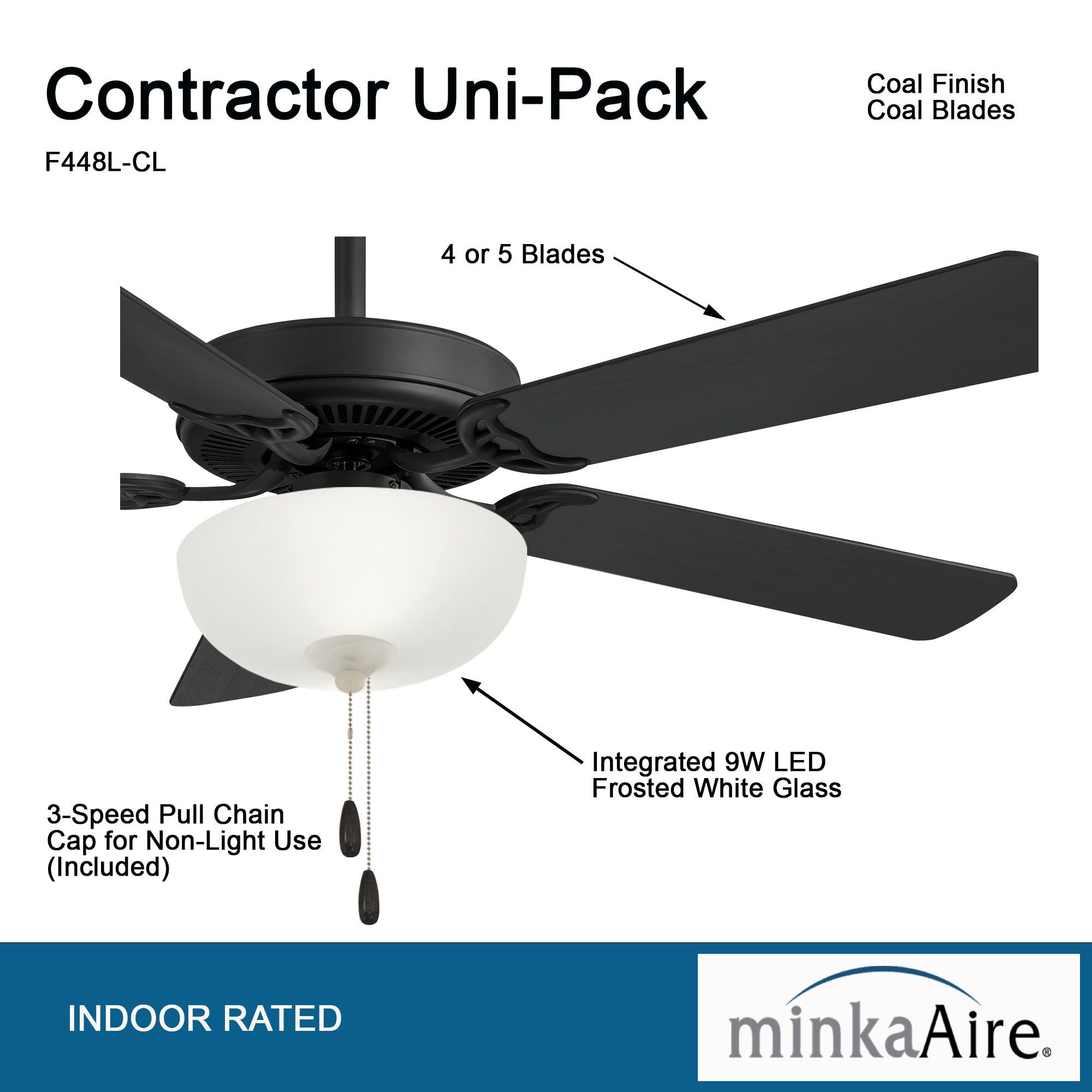 Contractor II Uni-Pack 52" LED Ceiling Fan with Pull Chain, Black Coal - Bees Lighting