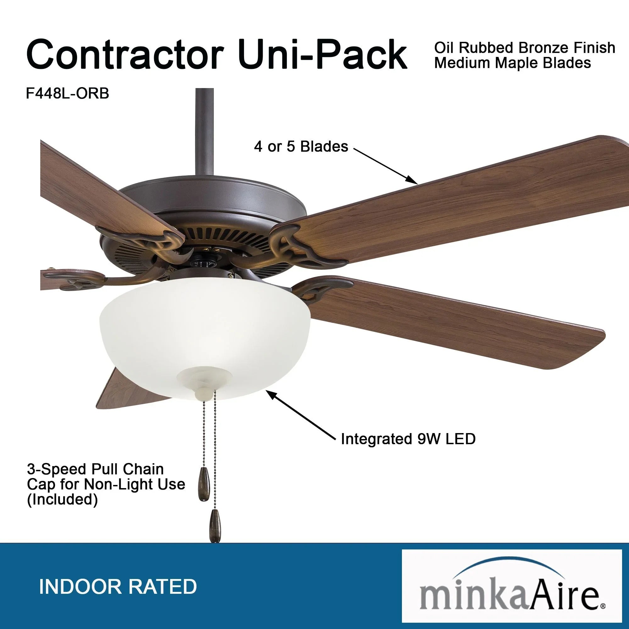 Contractor II Uni-Pack 52" LED Ceiling Fan with Pull Chain, Oil Rubbed Bronze - Bees Lighting