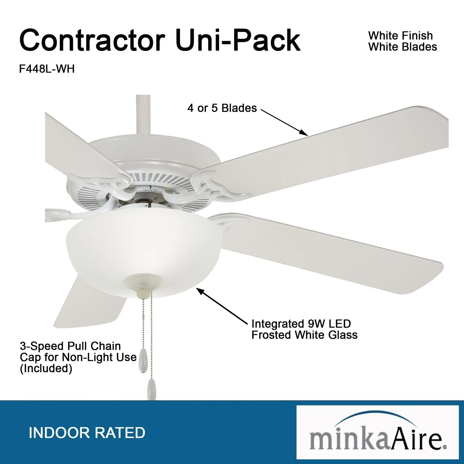 Contractor II Uni-Pack 52" LED Ceiling Fan with Pull Chain, White - Bees Lighting