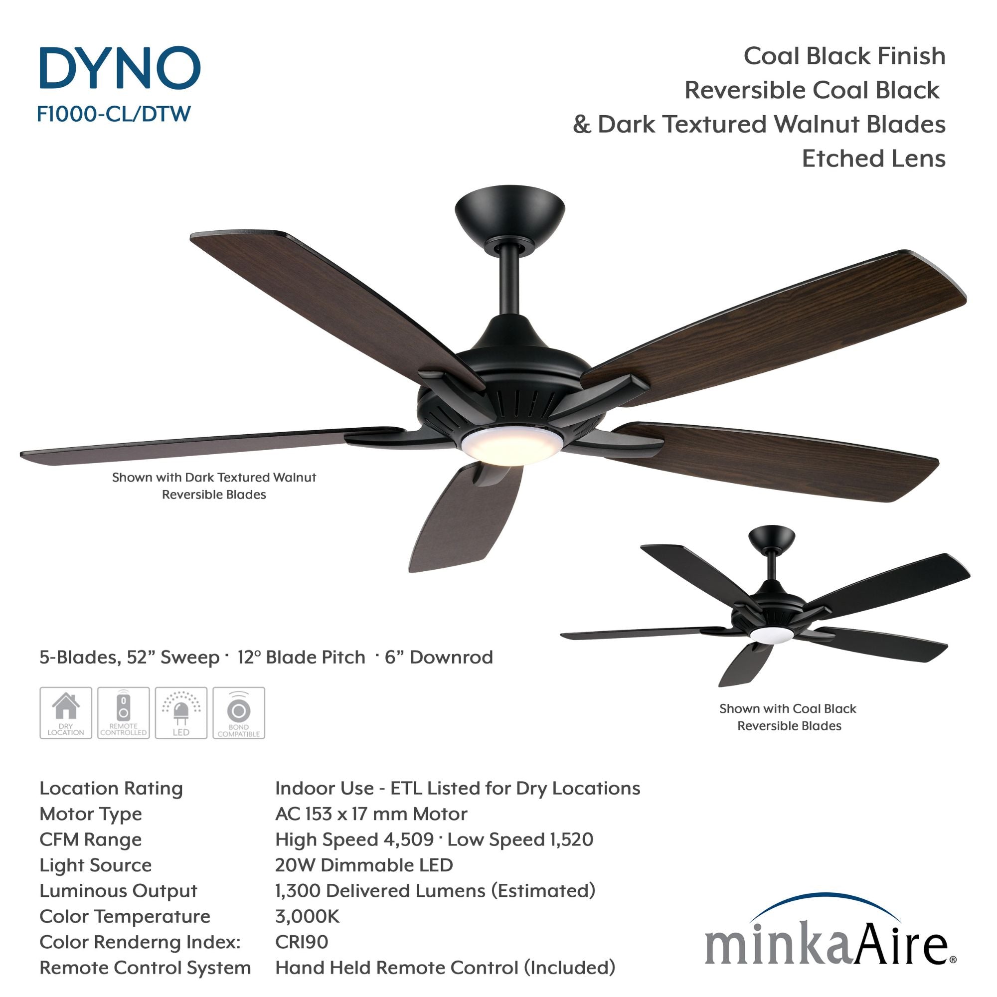 Dyno LED 52" Coal Black Ceiling Fan with Remote, Dark Textured Walnut/Coal Black Blades