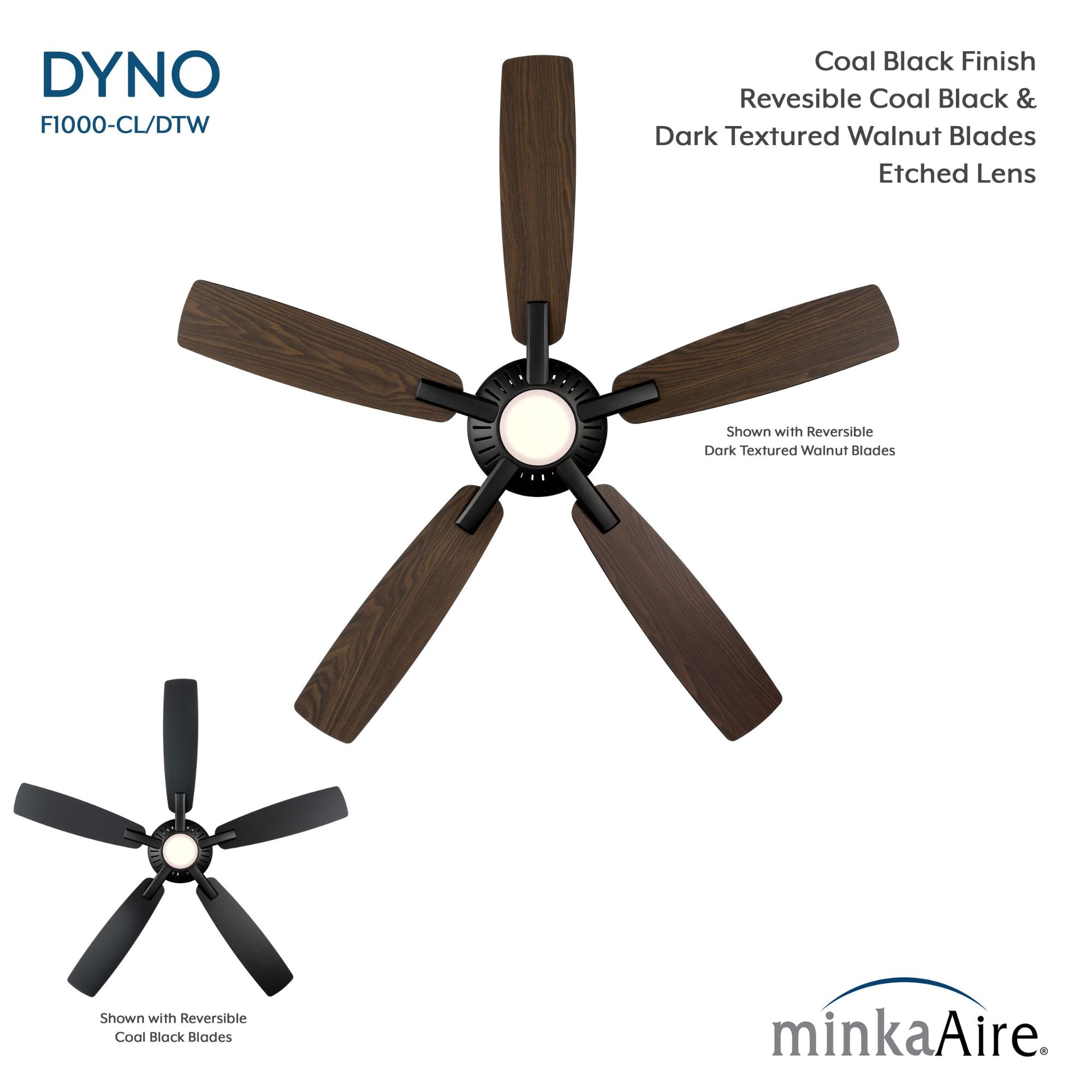 Dyno LED 52" Coal Black Ceiling Fan with Remote, Dark Textured Walnut/Coal Black Blades