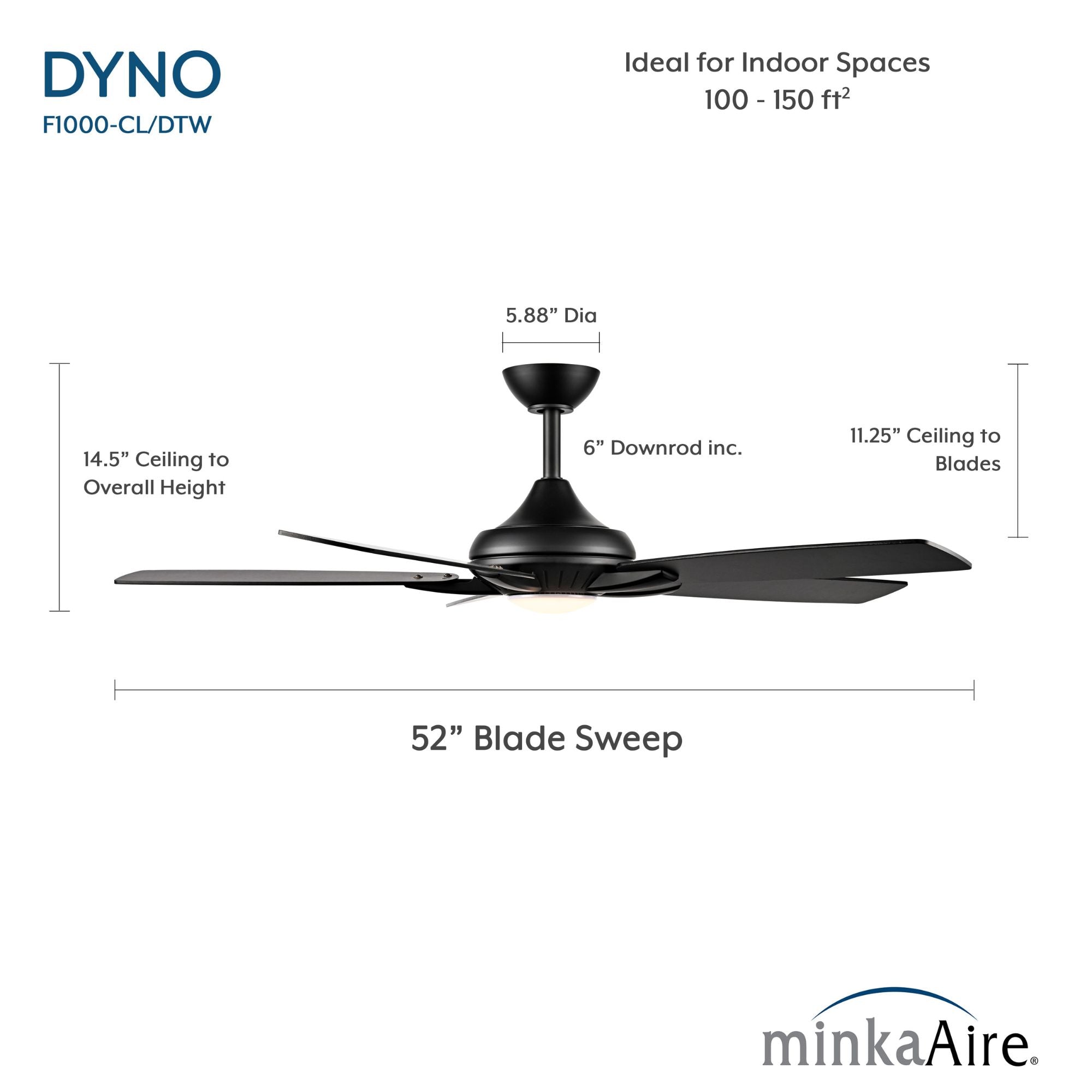 Dyno LED 52" Coal Black Ceiling Fan with Remote, Dark Textured Walnut/Coal Black Blades