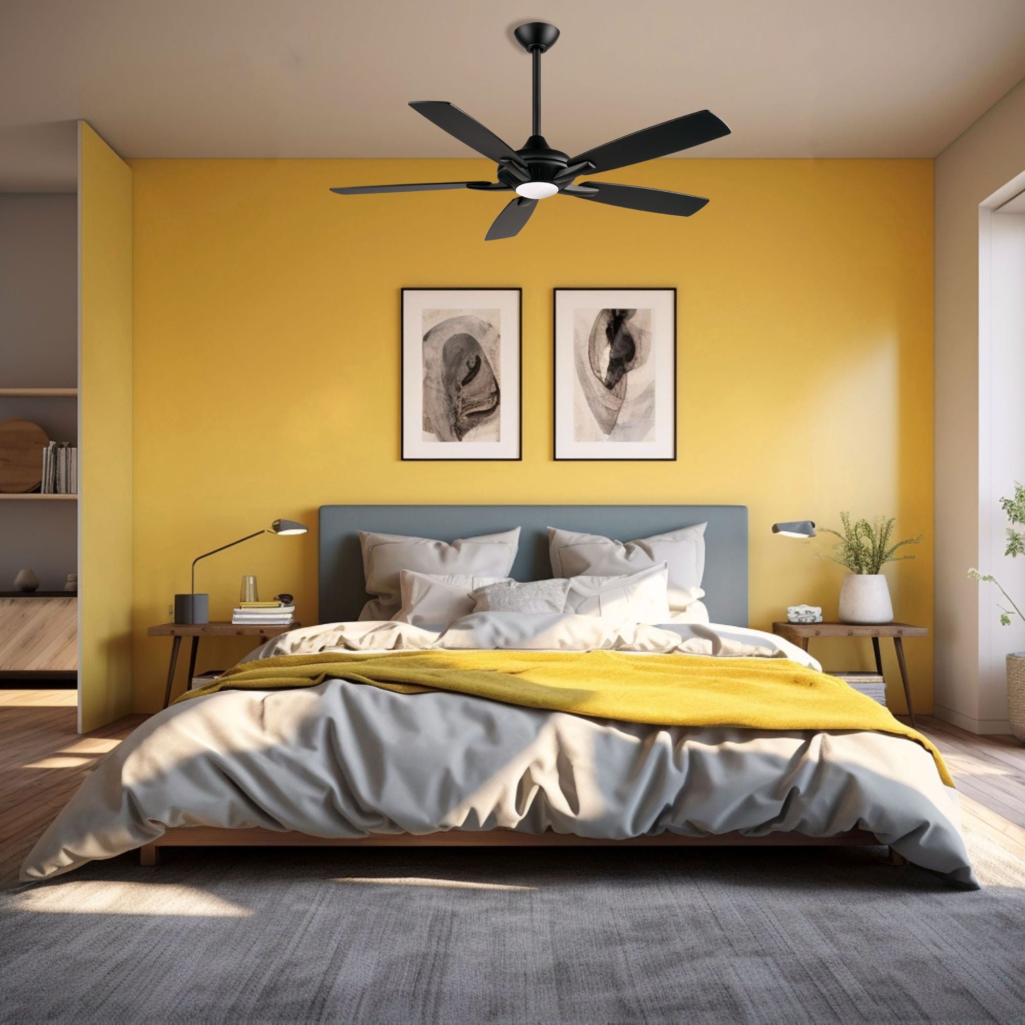 Dyno LED 52" Coal Black Ceiling Fan with Remote, Dark Textured Walnut/Coal Black Blades