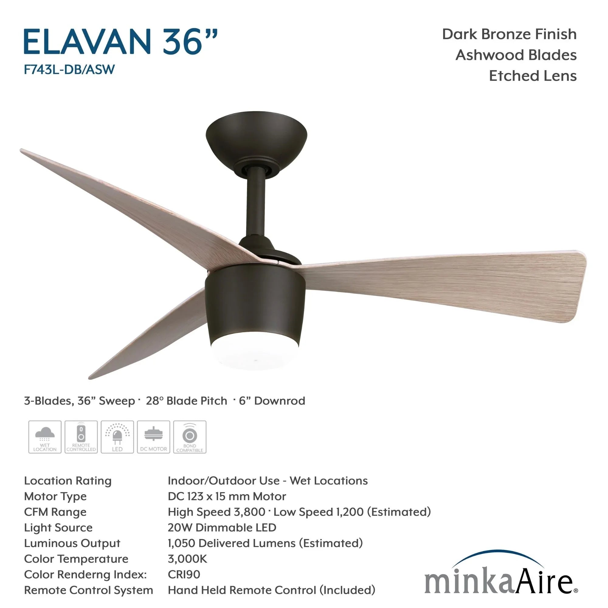 Elavan 36" Dark Bronze LED Ceiling Fan with Remote