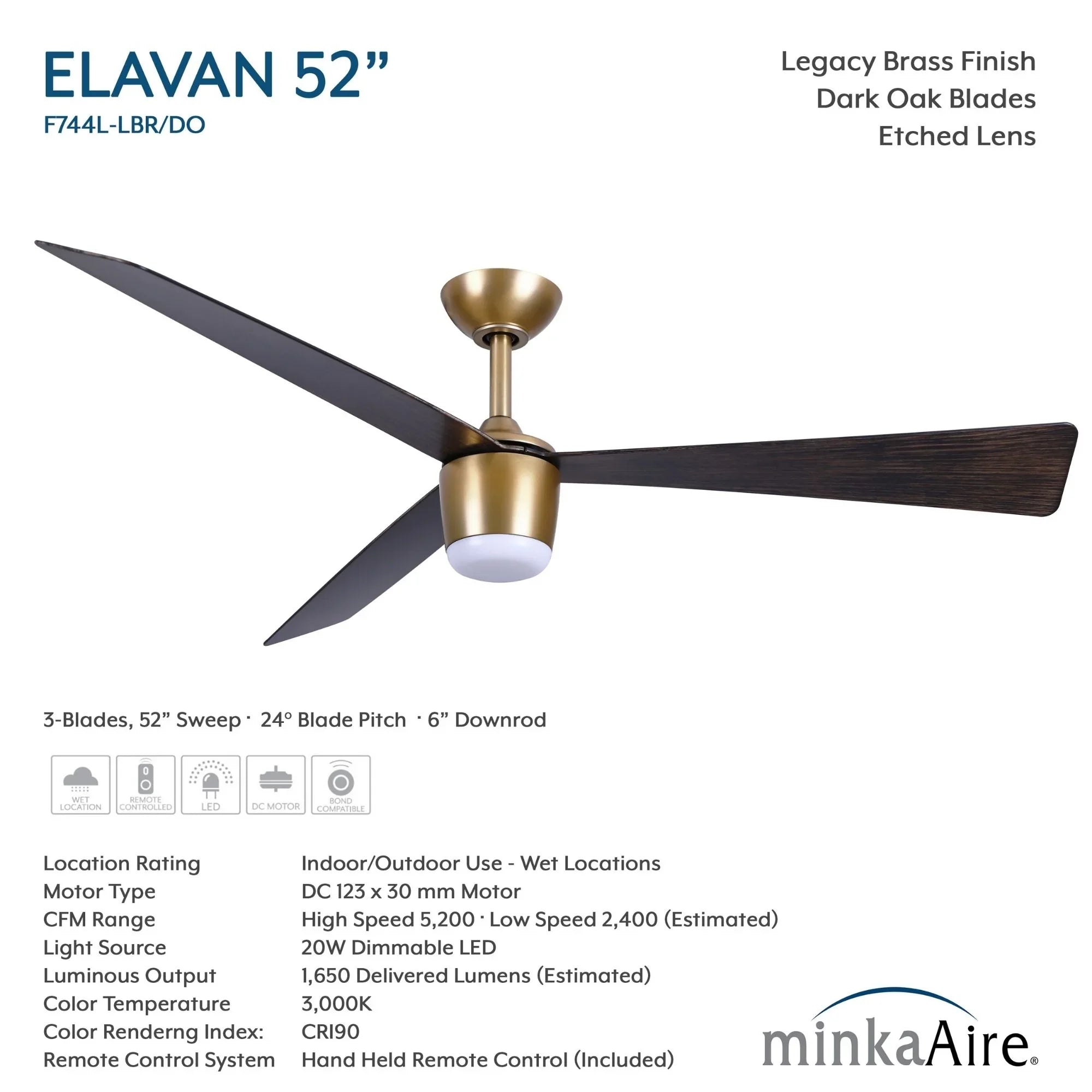Elavan 52" Legacy Brass LED Ceiling Fan with Remote