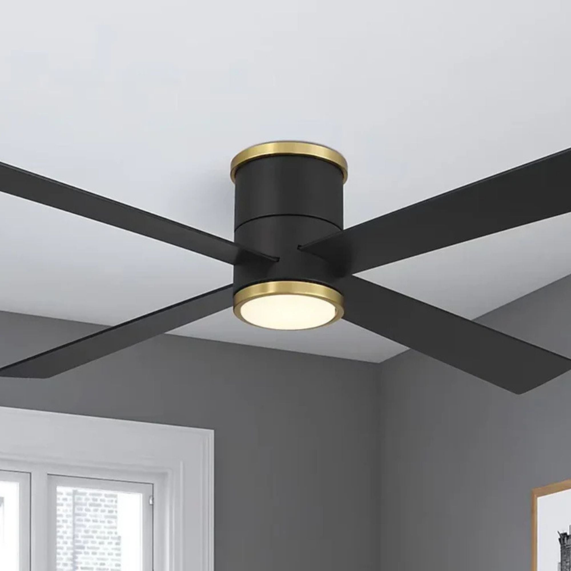 Falco Flush 54" LED Flush Mount Ceiling Fan, Black Coal & Soft Brass Accents
