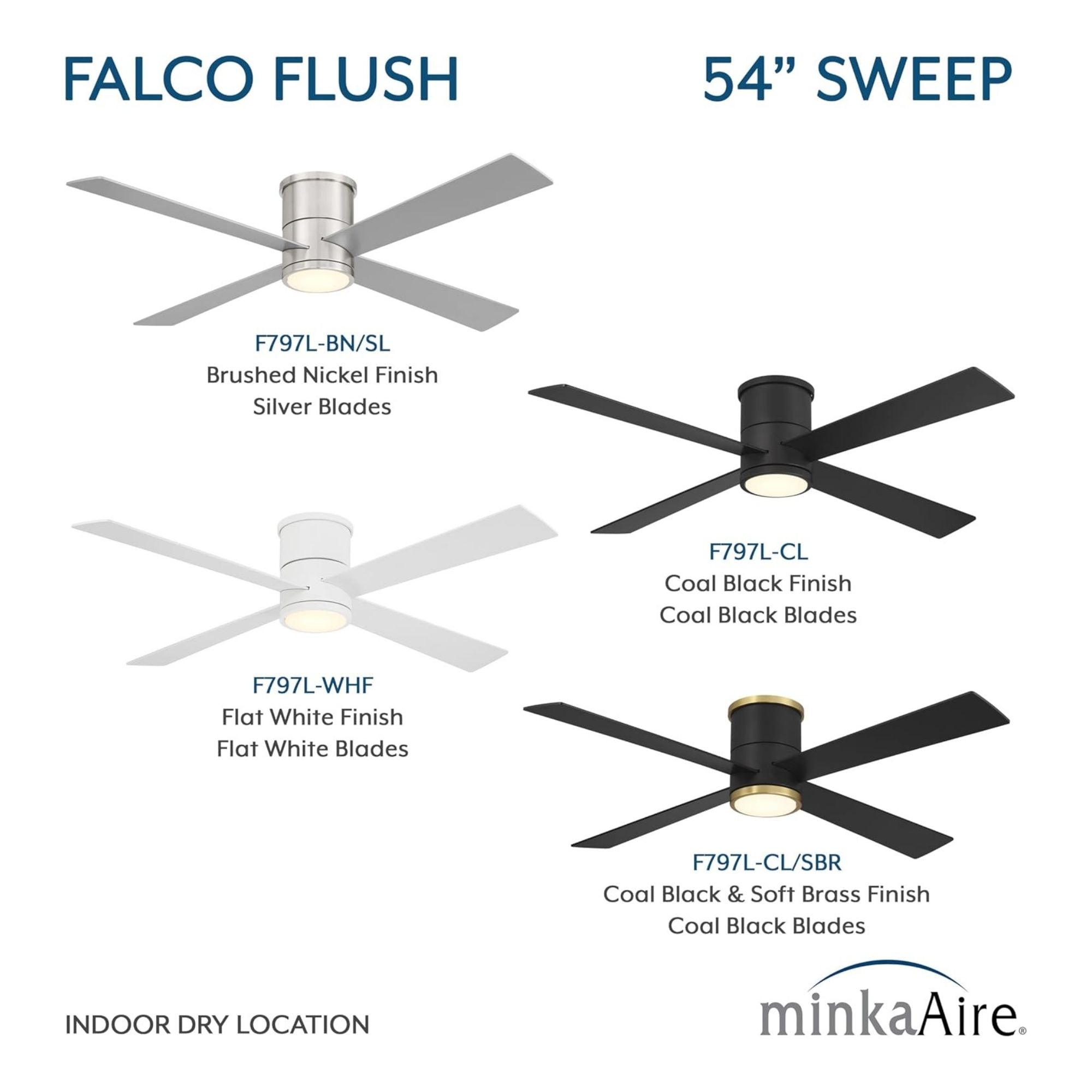 Falco Flush 54" LED Flush Mount Ceiling Fan, Black Coal & Soft Brass Accents