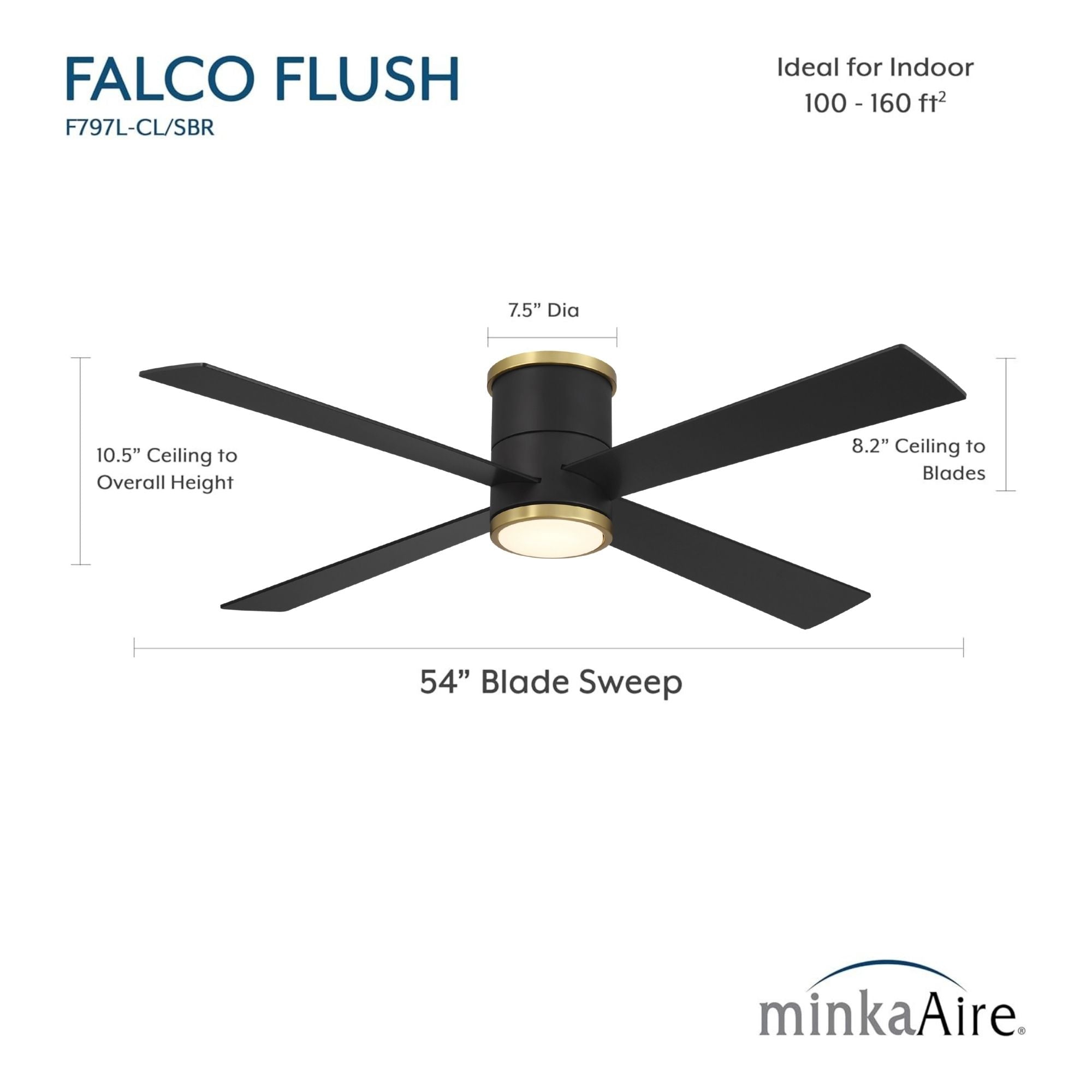 Falco Flush 54" LED Flush Mount Ceiling Fan, Black Coal & Soft Brass Accents