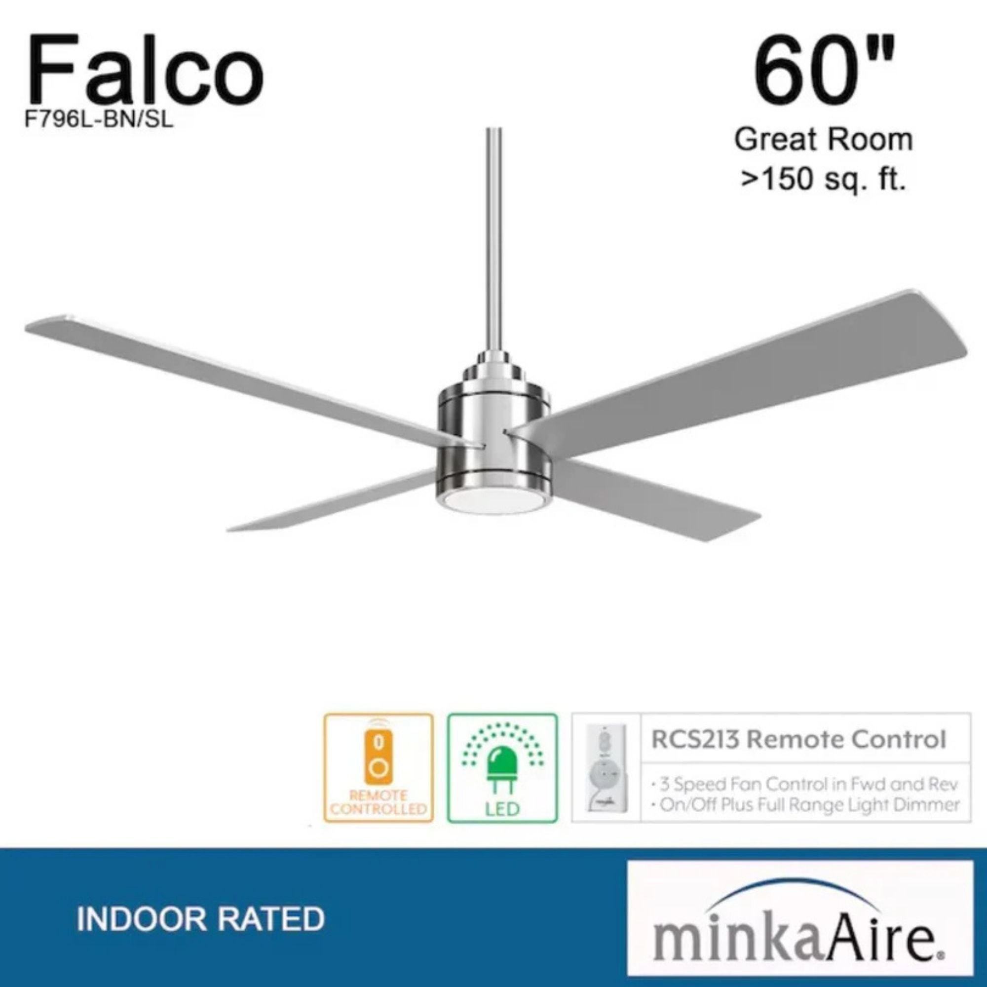 Falco 54" LED 4-Blades Ceiling Fan with Remote, Brushed Nickel