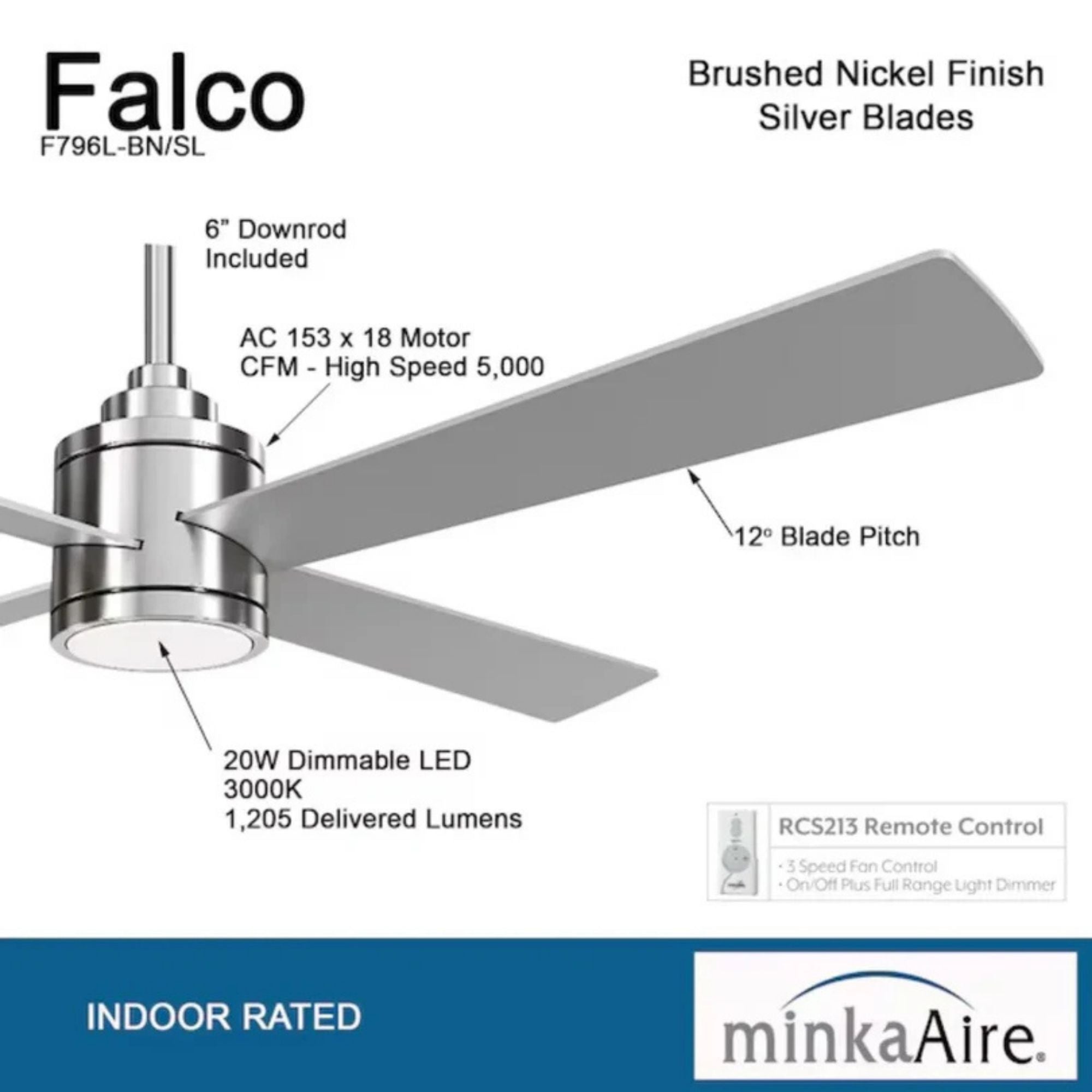 Falco 54" LED 4-Blades Ceiling Fan with Remote, Brushed Nickel