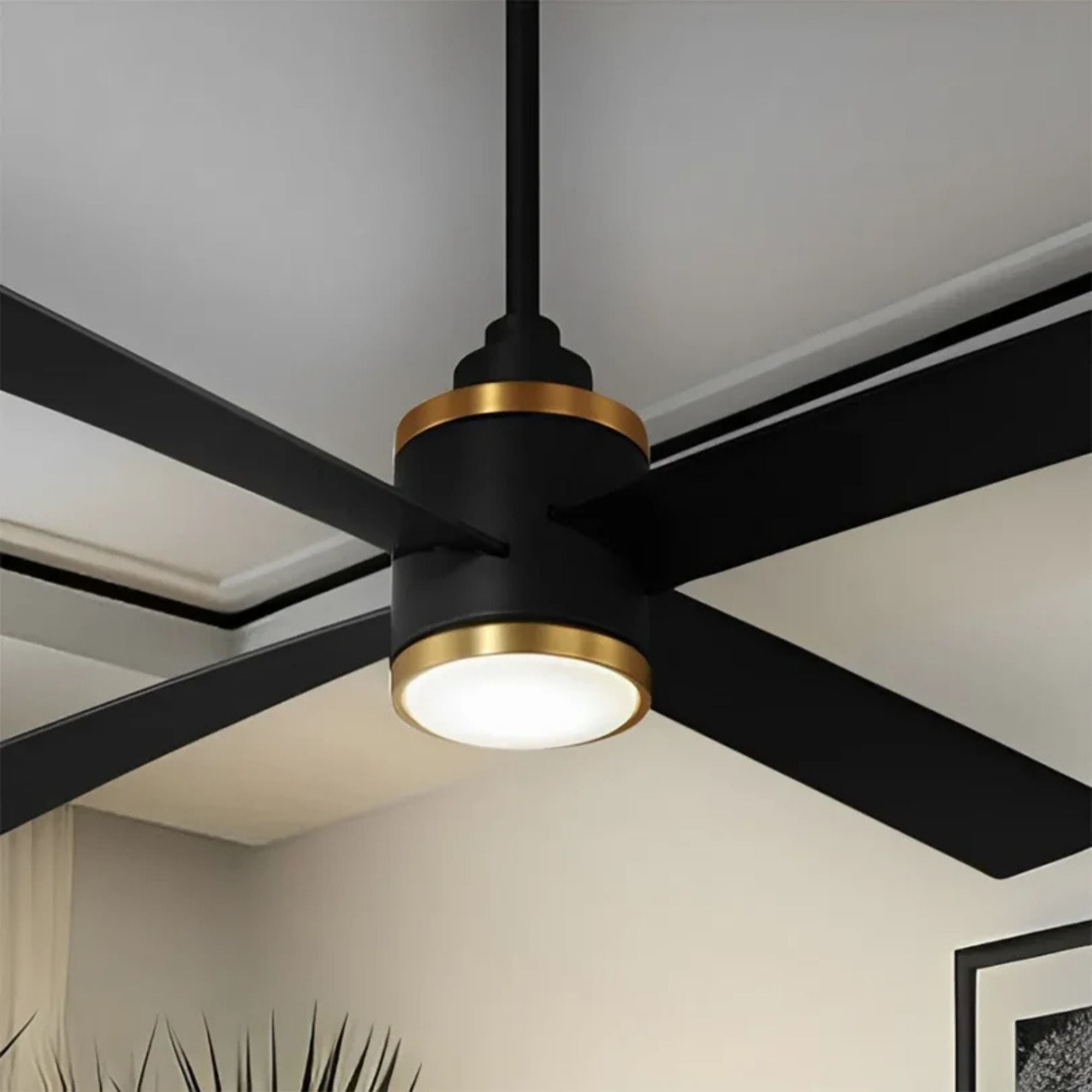 Falco 54" LED 4-Blades Ceiling Fan with Remote, Black Coal & Soft Brass Accents