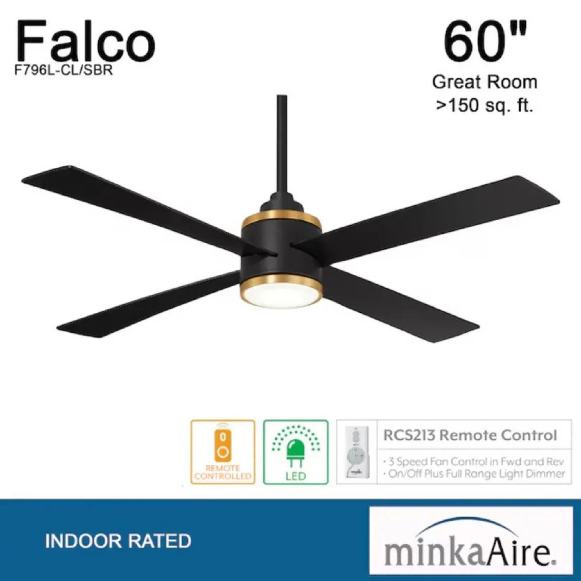 Falco 54" LED 4-Blades Ceiling Fan with Remote, Black Coal & Soft Brass Accents