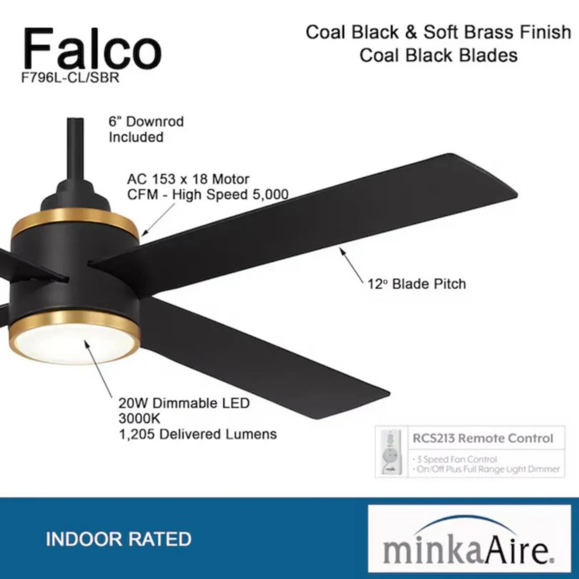 Falco 54" LED 4-Blades Ceiling Fan with Remote, Black Coal & Soft Brass Accents