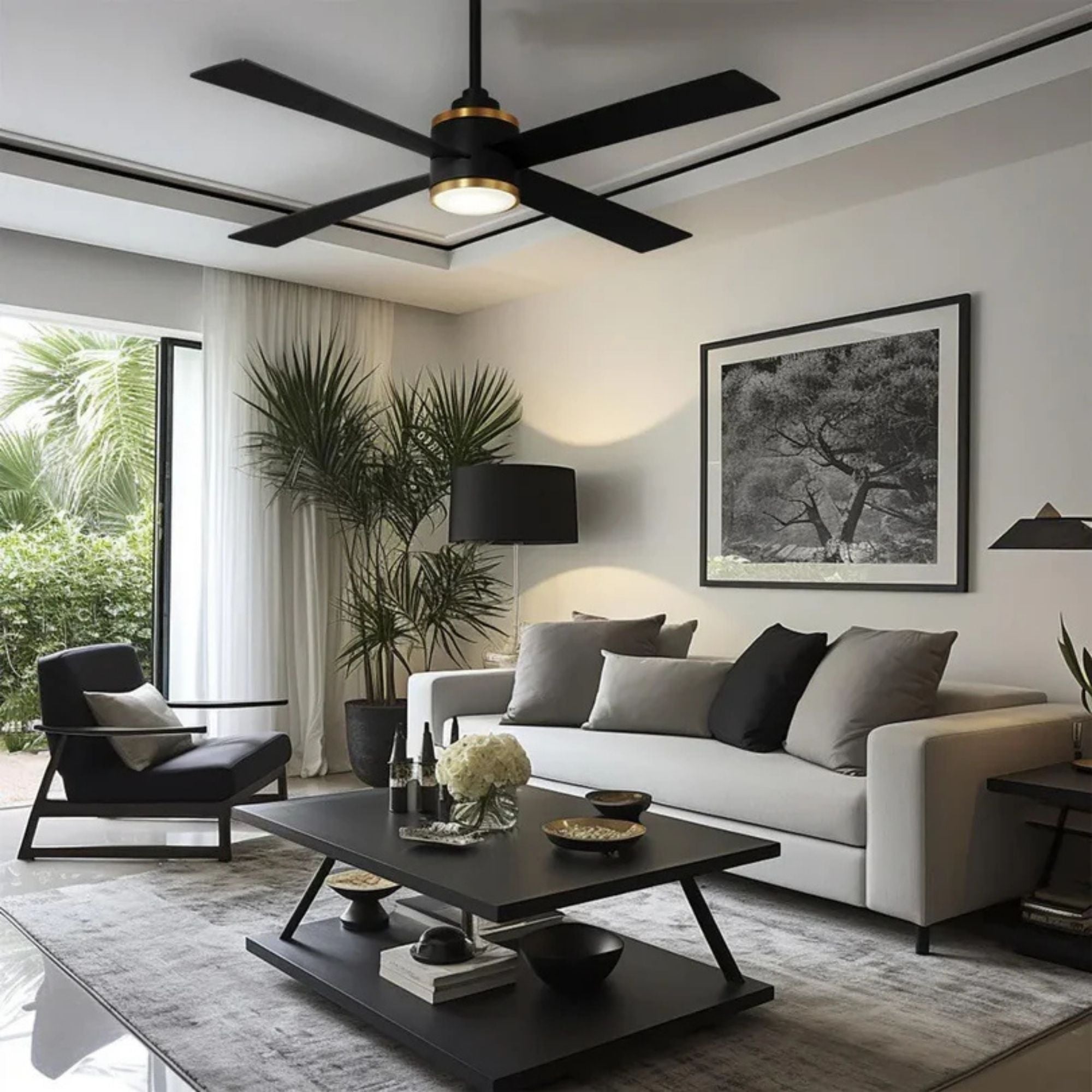 Falco 54" LED 4-Blades Ceiling Fan with Remote, Black Coal & Soft Brass Accents