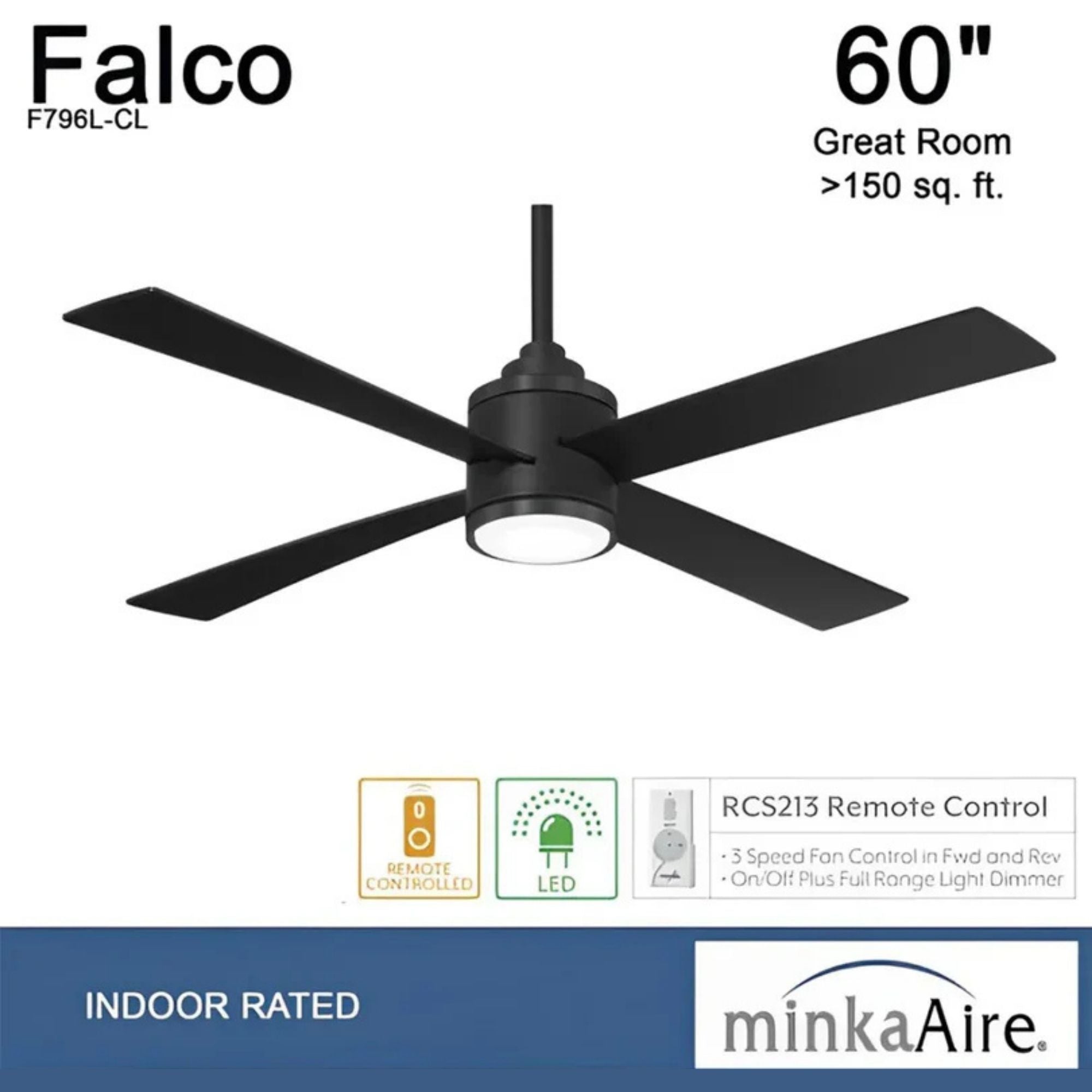 Falco 54" LED 4-Blades Ceiling Fan with Remote, Black Coal