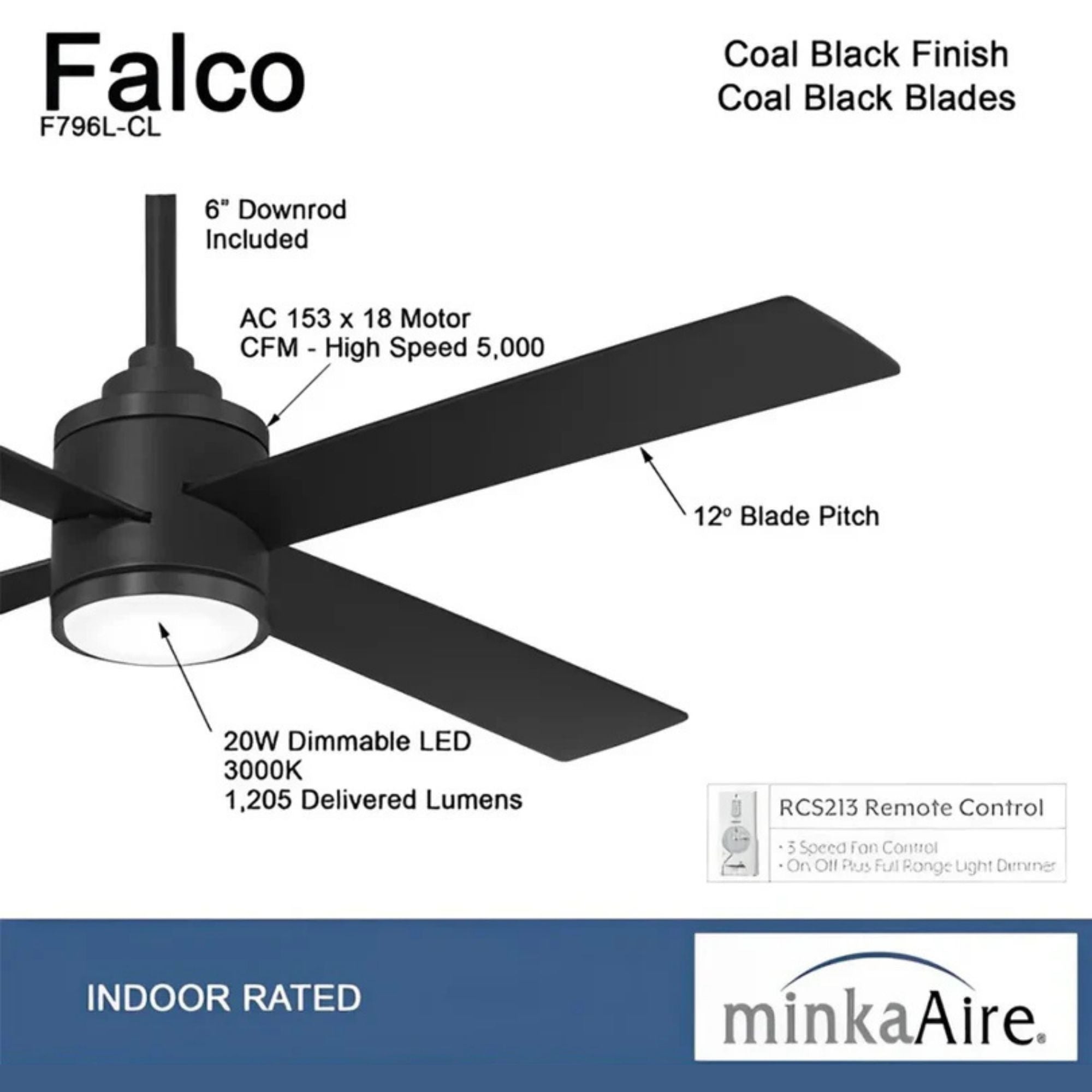Falco 54" LED 4-Blades Ceiling Fan with Remote, Black Coal