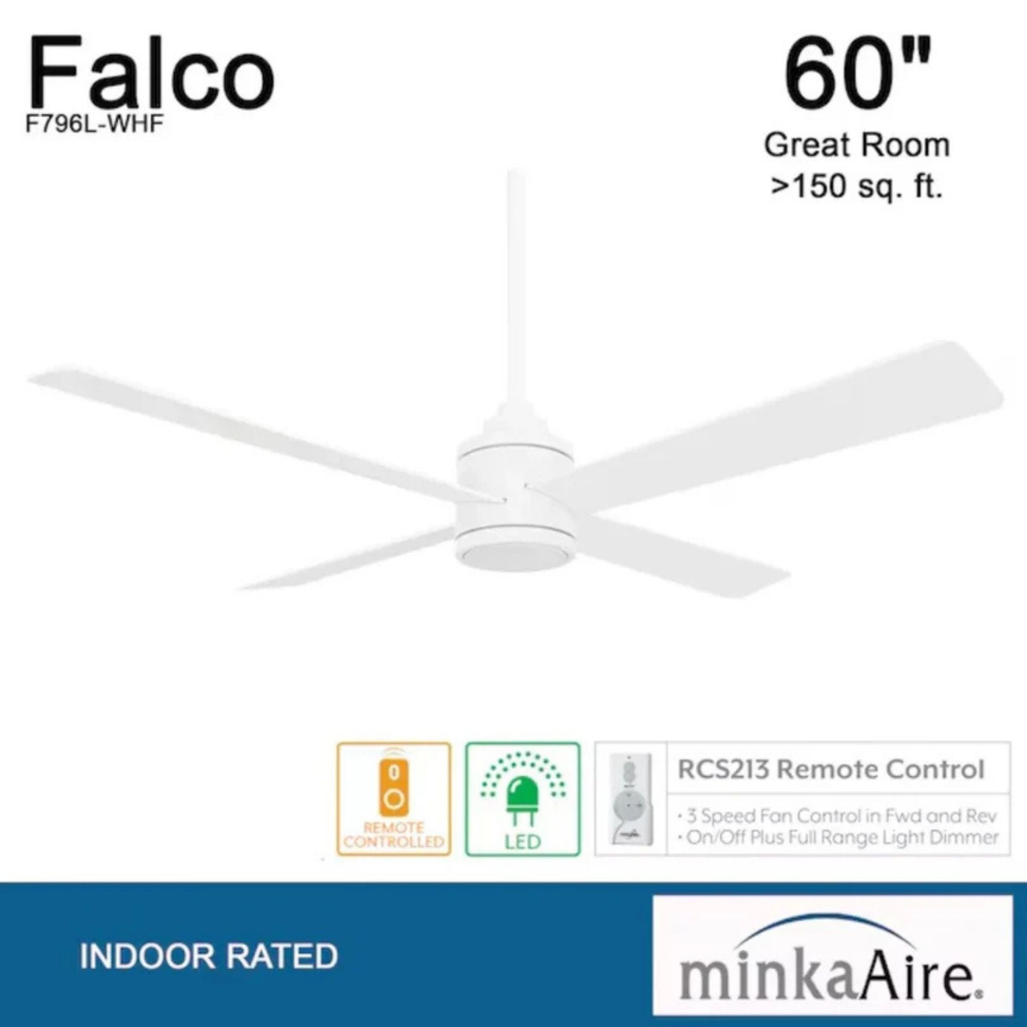Falco 54" LED 4-Blades Ceiling Fan with Remote, Flat White