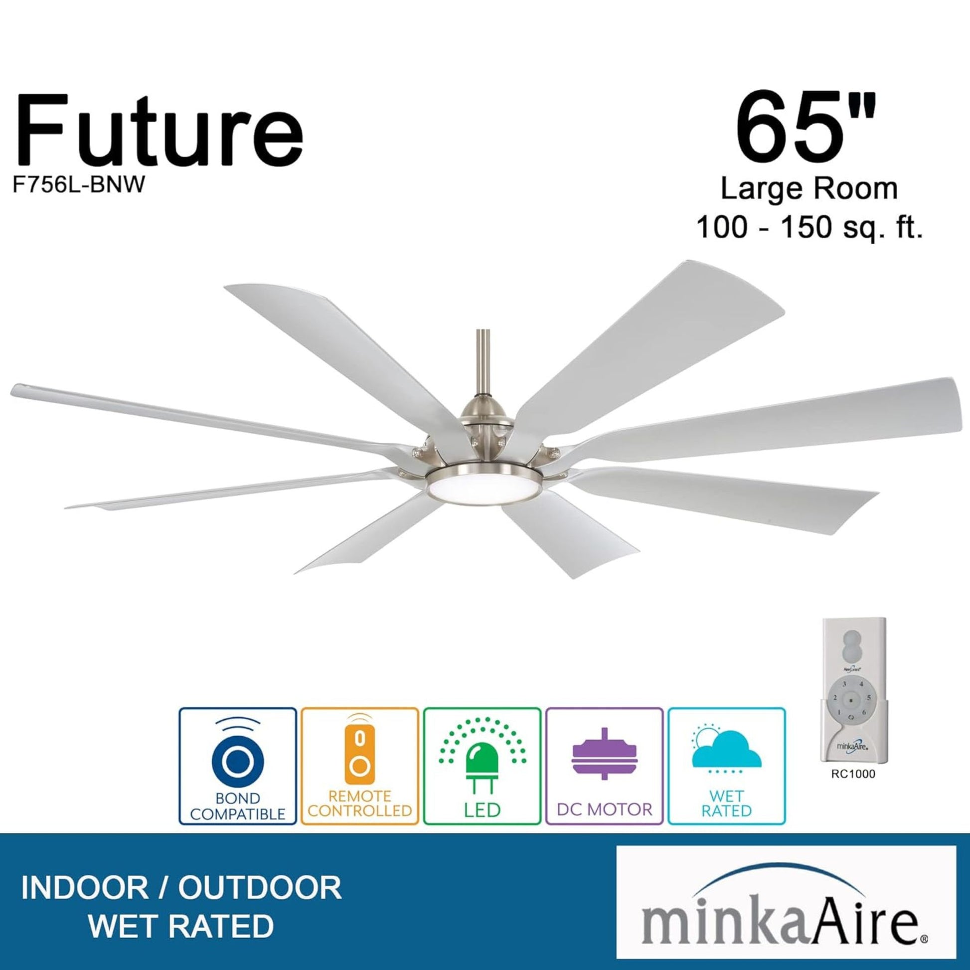 Future 65" Brushed Nickel Outdoor LED Ceiling Fan with Remote Control - Bees Lighting