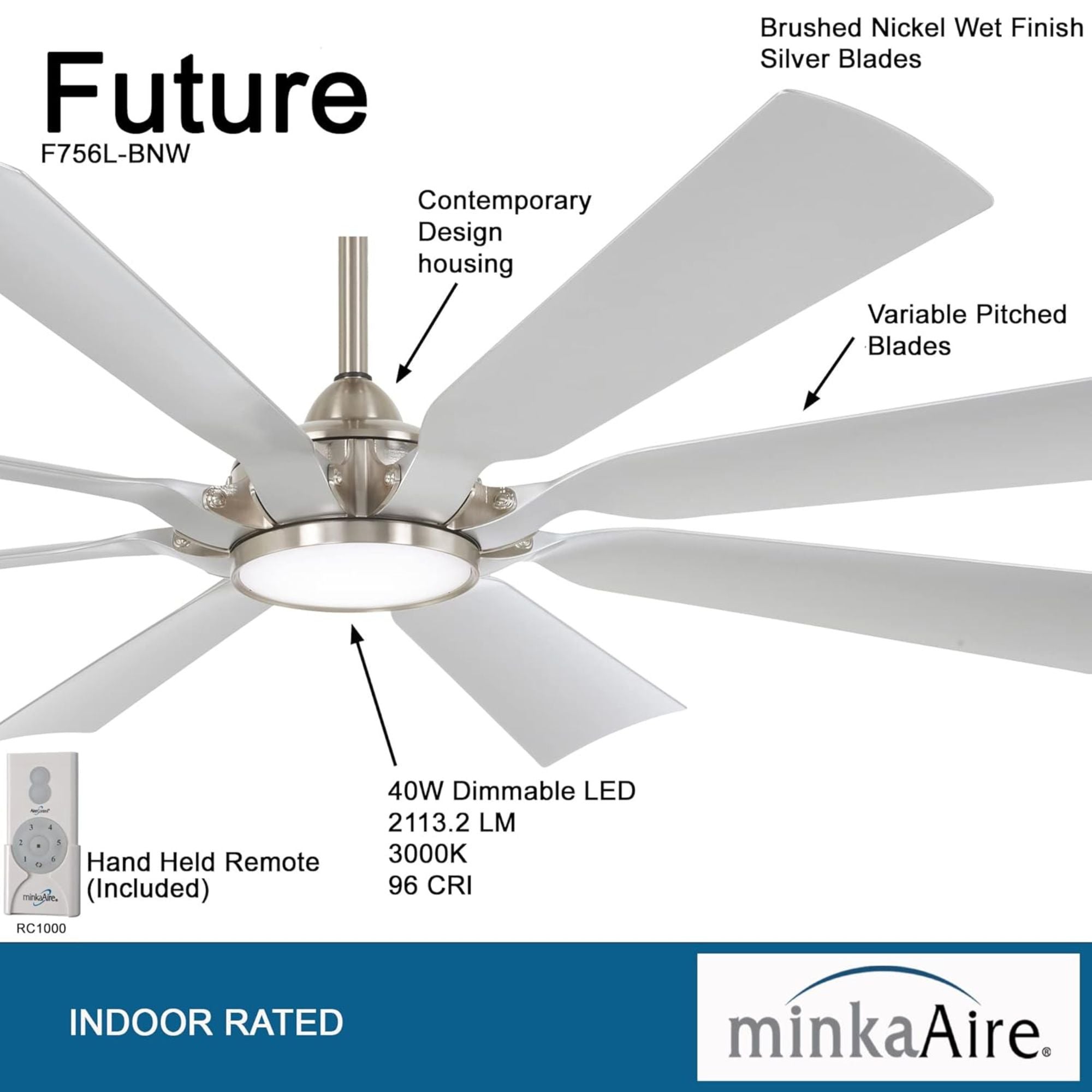 Future 65" Brushed Nickel Outdoor LED Ceiling Fan with Remote Control - Bees Lighting