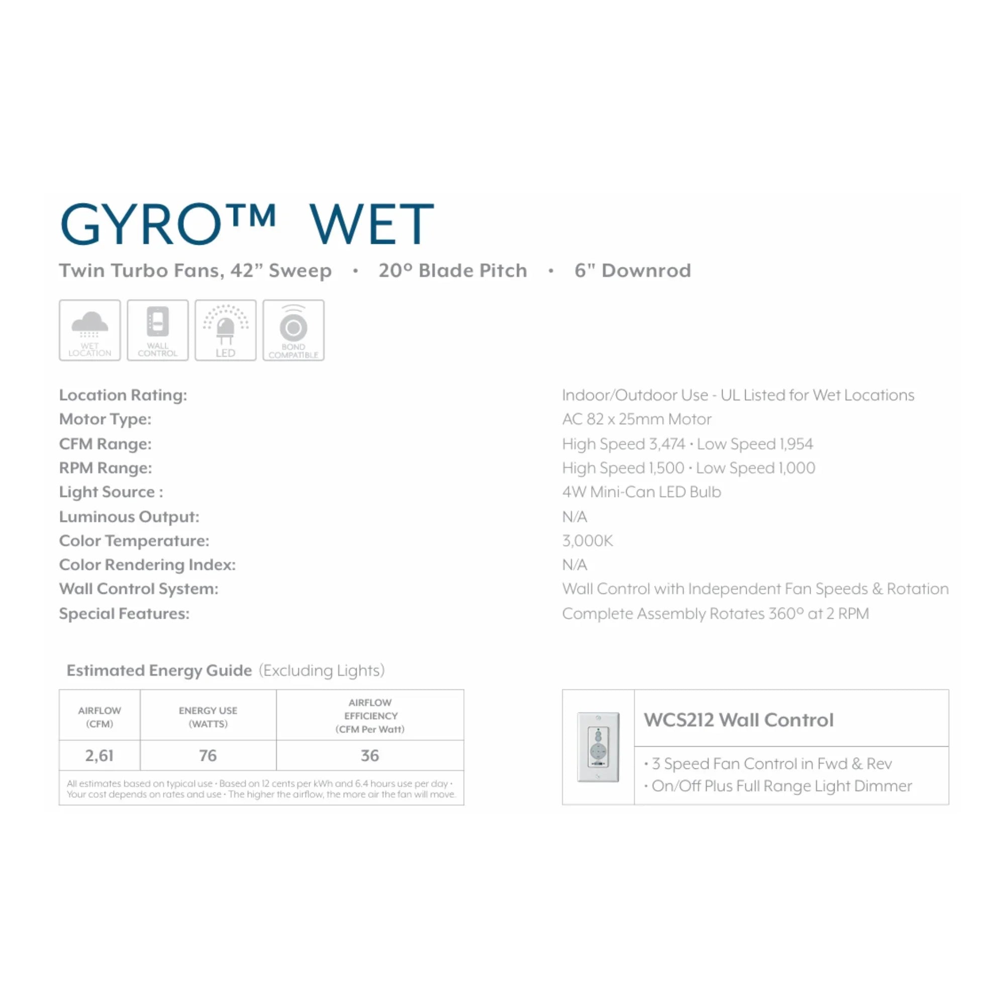 Gyro Wet LED 42" Dual Ceiling Fan with Light and Wall Control, Oil Rubbed Bronze