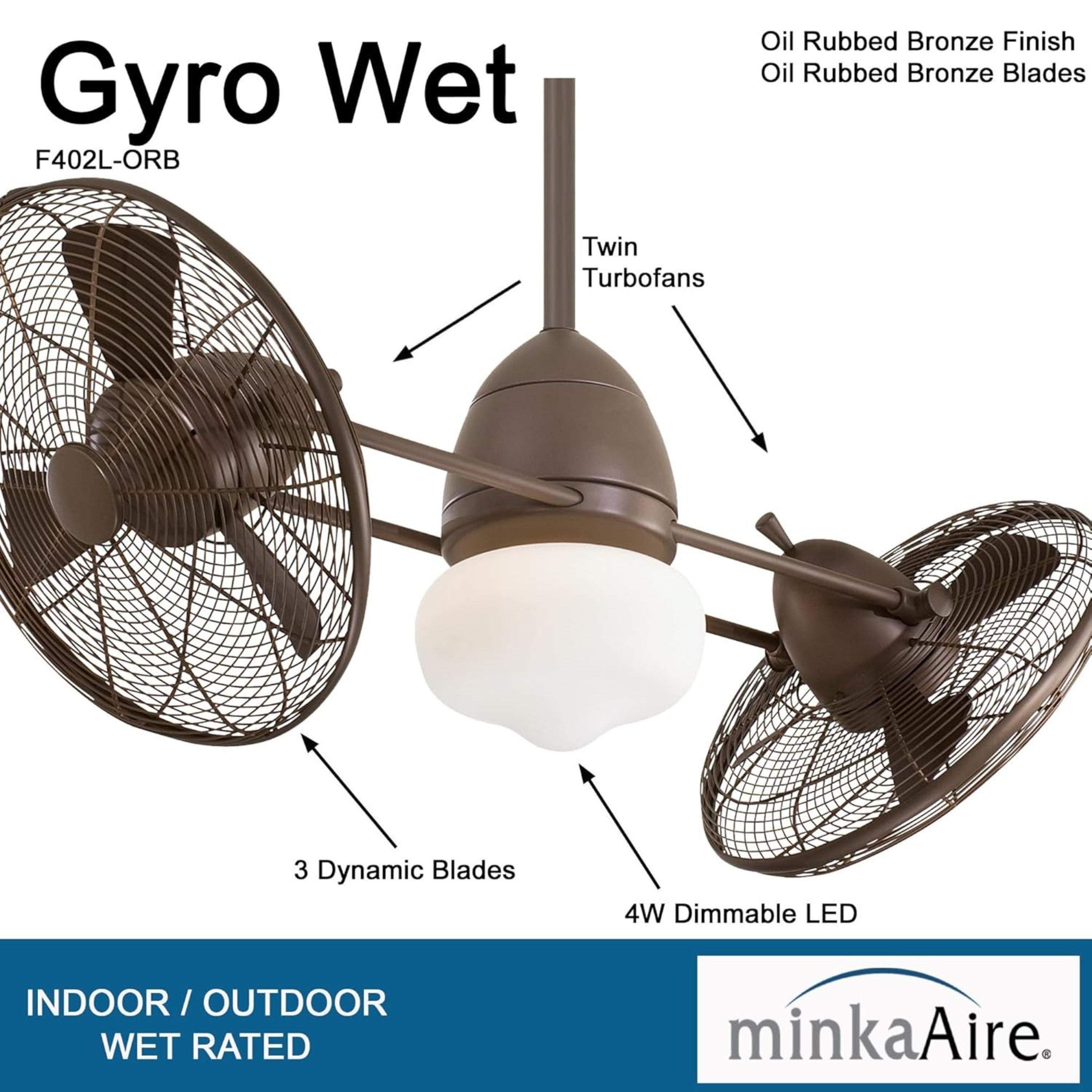 Gyro Wet LED 42" Dual Ceiling Fan with Light and Wall Control, Oil Rubbed Bronze