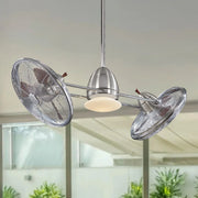 Dual ceiling fan with two cage-style fan heads and central frosted light, chrome finish