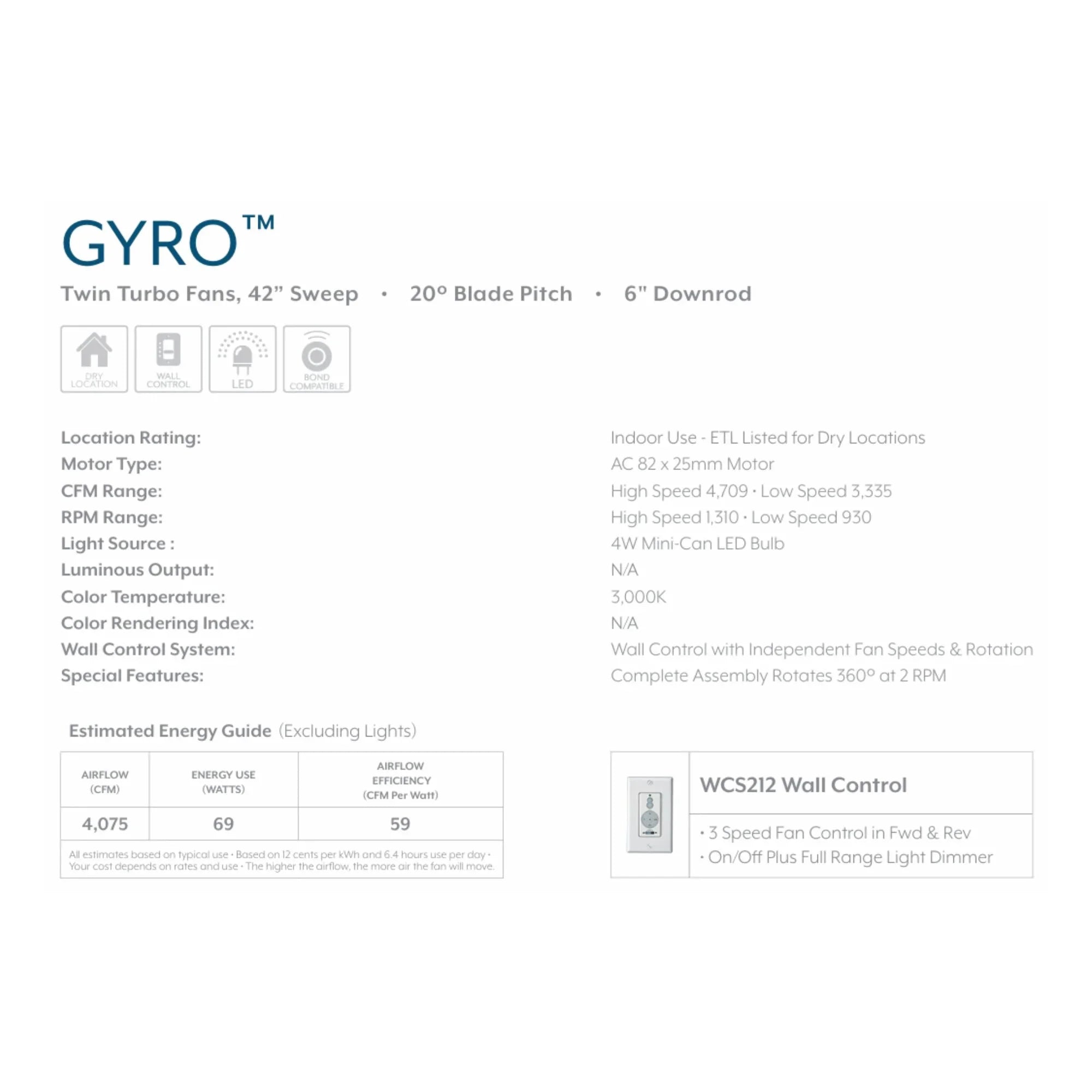 Gyro LED 42" Dual Ceiling Fan with Light and Wall Control, Brushed Nickel & Chrome