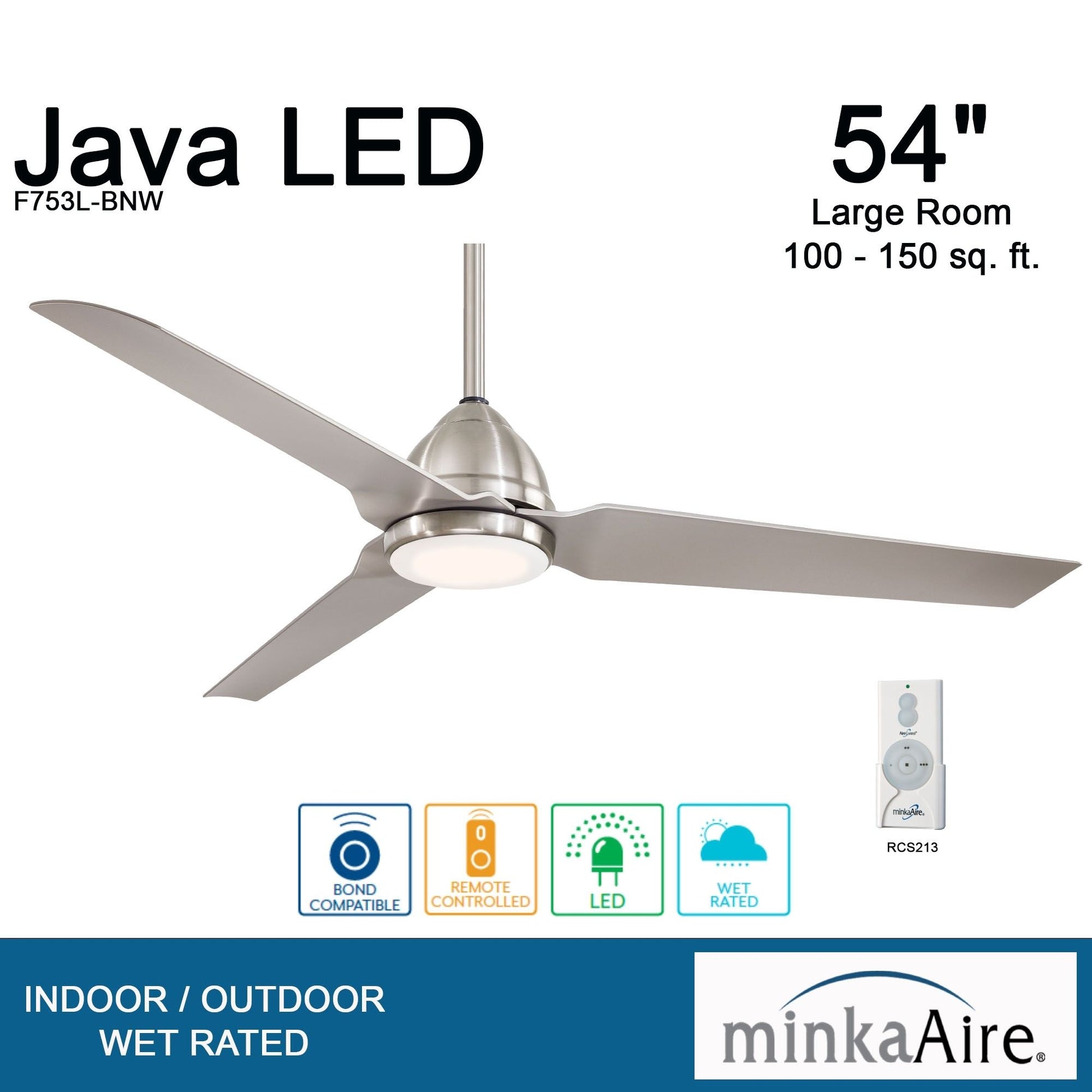 Java LED 54" Brushed Nickel Wet Rated Ceiling Fan with Light and Remote - Bees Lighting