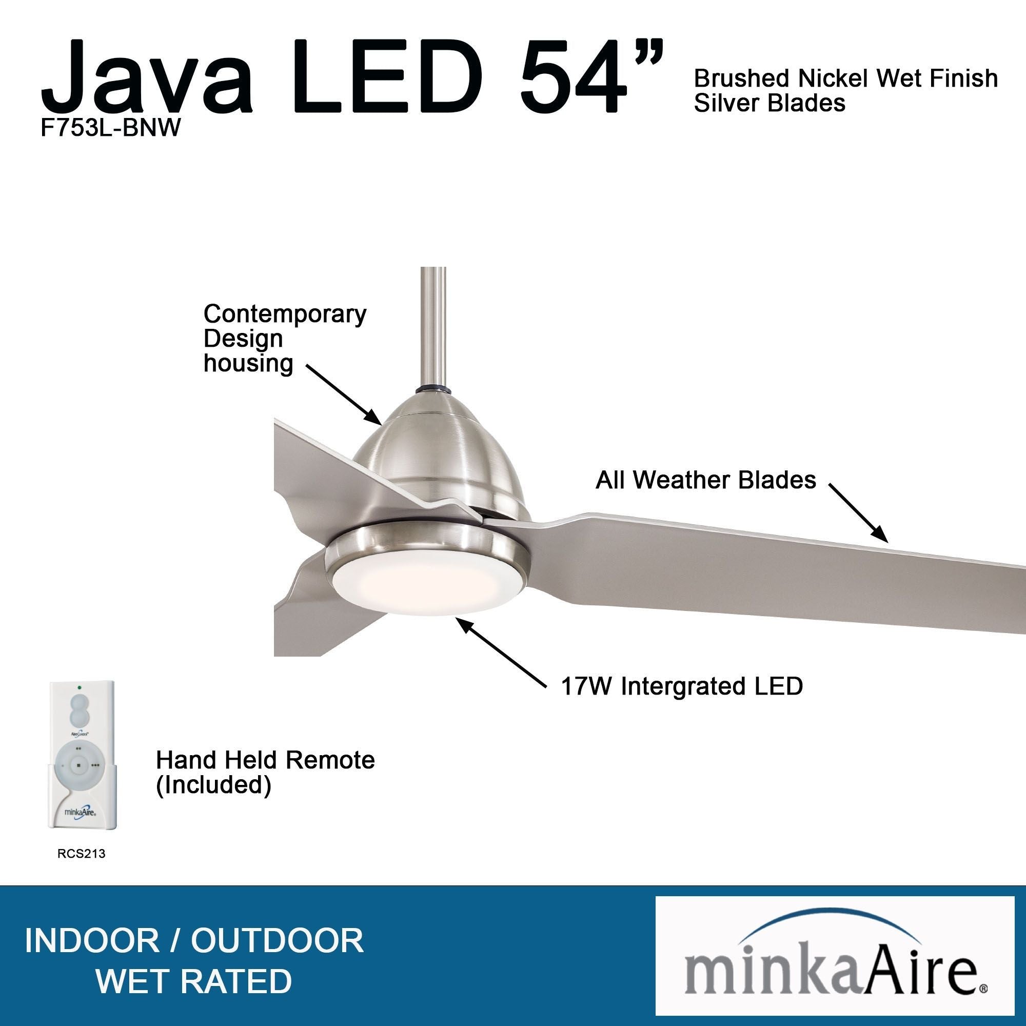 Java LED 54" Brushed Nickel Wet Rated Ceiling Fan with Light and Remote - Bees Lighting
