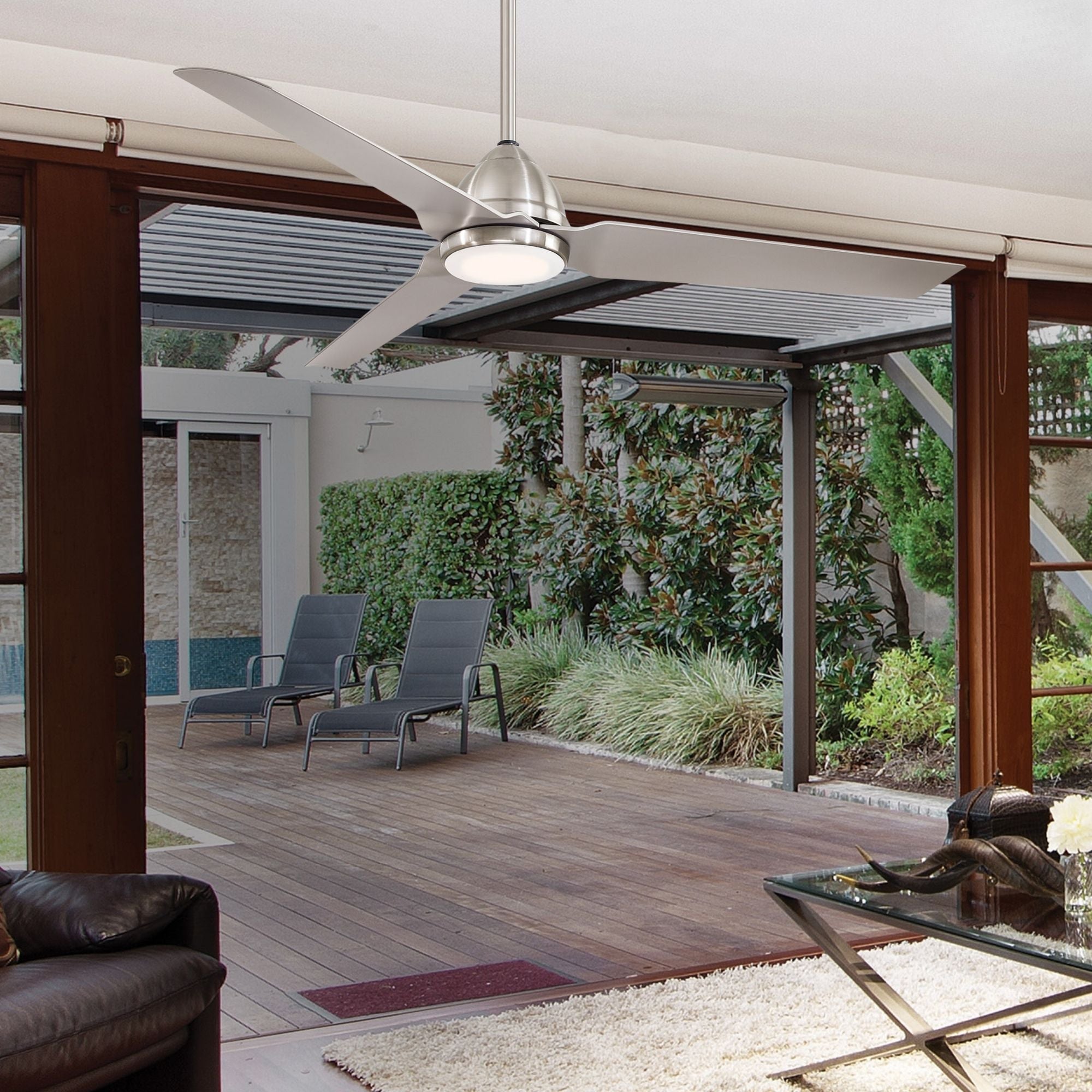 Java LED 54" Brushed Nickel Wet Rated Ceiling Fan with Light and Remote - Bees Lighting