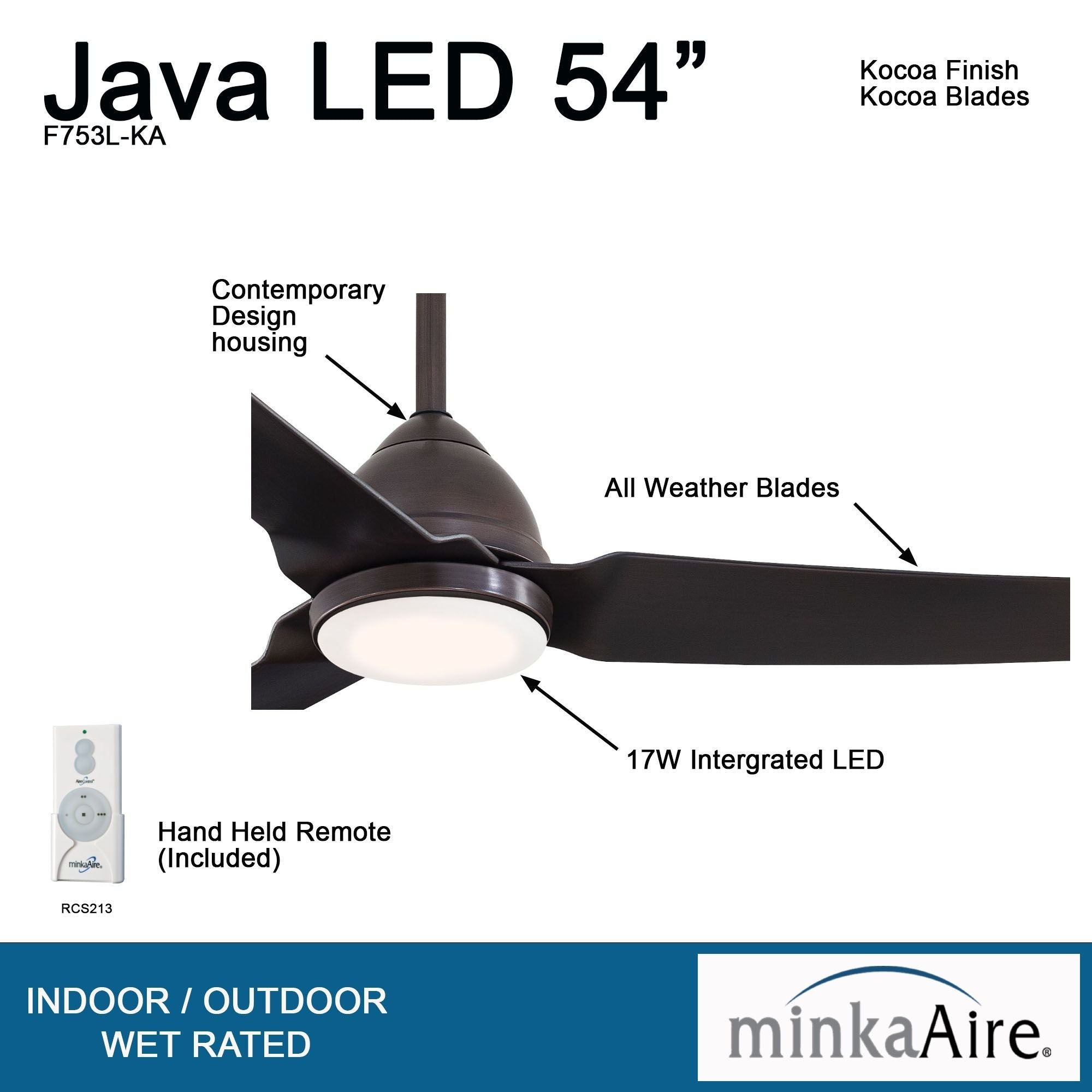 Java LED 54" Kocoa Wet Rated Ceiling Fan with Light and Remote - Bees Lighting