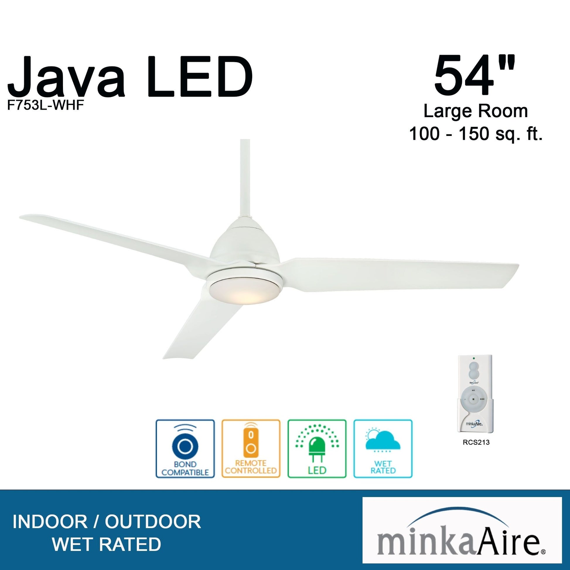 Java LED 54" Flat White Wet Rated Ceiling Fan with Light and Remote - Bees Lighting