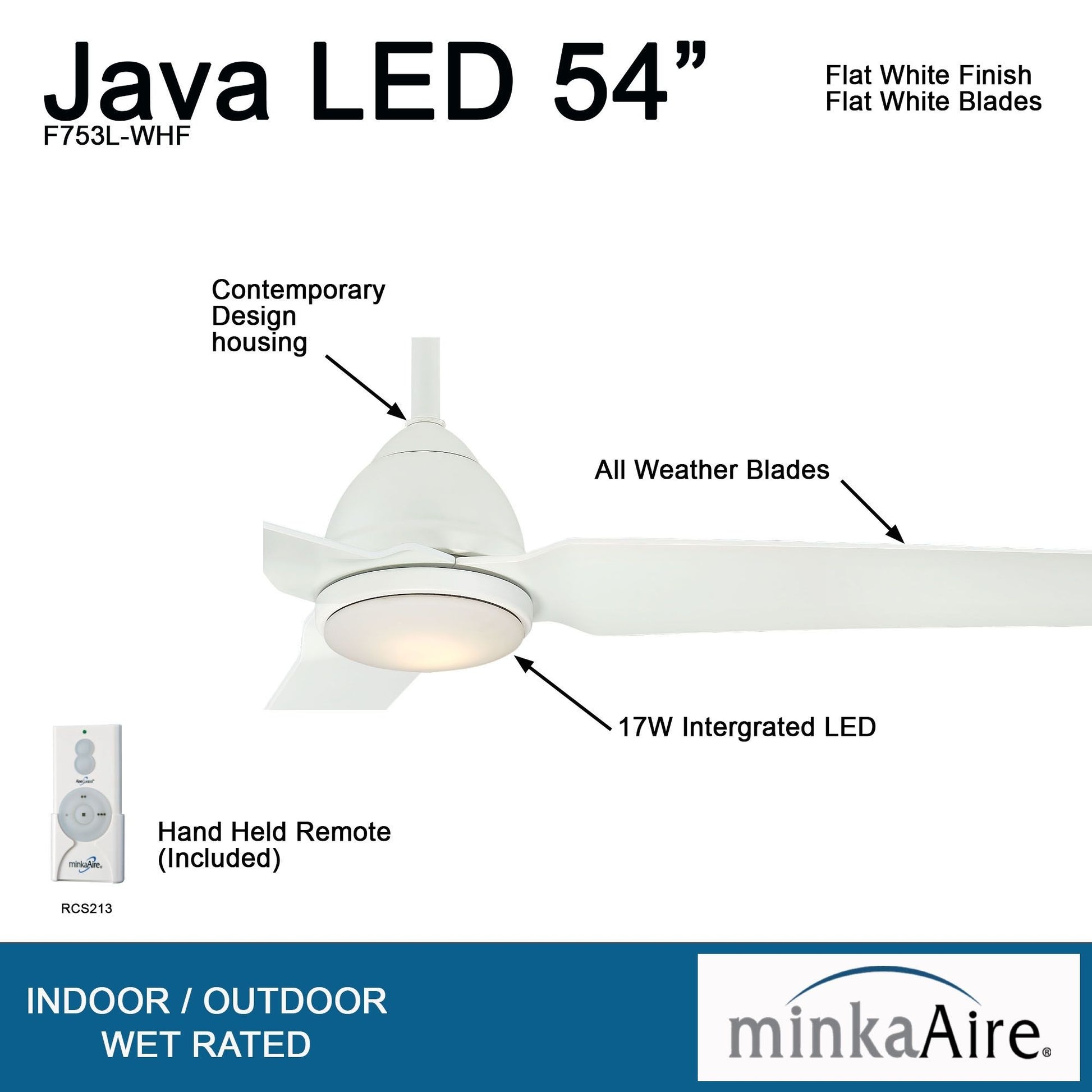 Java LED 54" Flat White Wet Rated Ceiling Fan with Light and Remote - Bees Lighting
