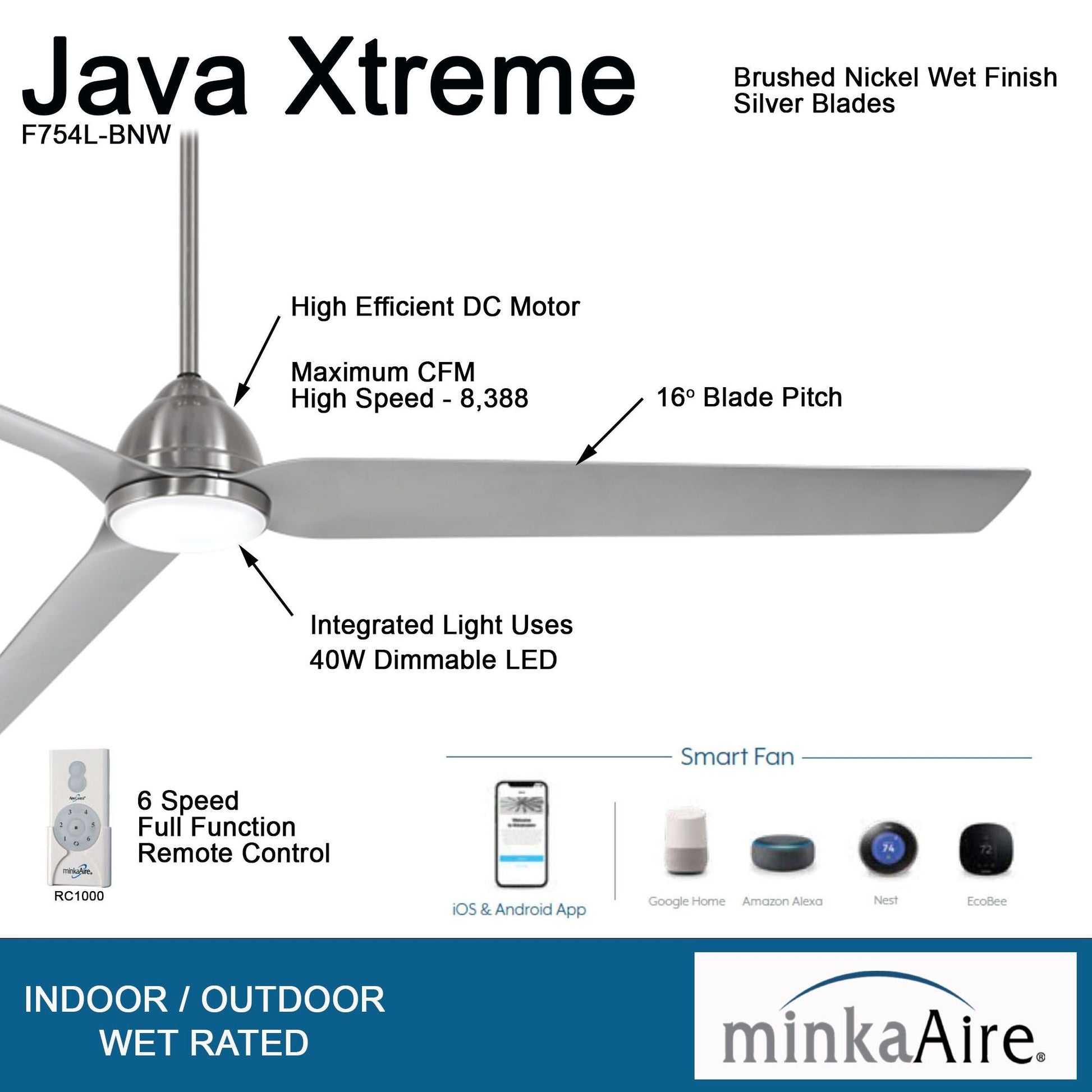 Java Xtreme 84" Brushed Nickel LED Smart Ceiling Fan - Bees Lighting