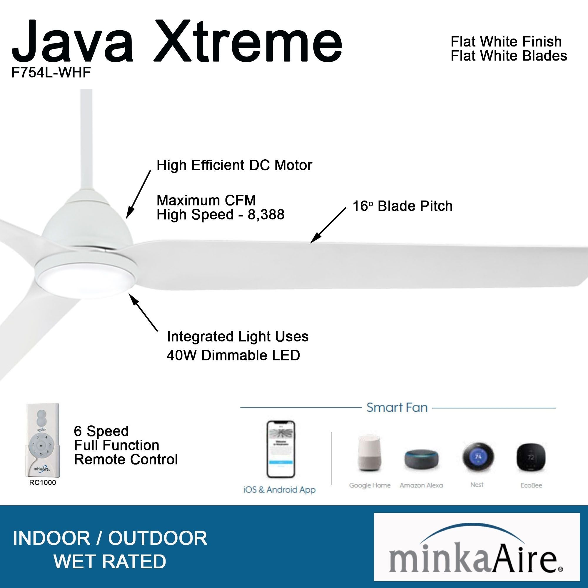 Java Xtreme 84" Flat White LED Smart Ceiling Fan - Bees Lighting