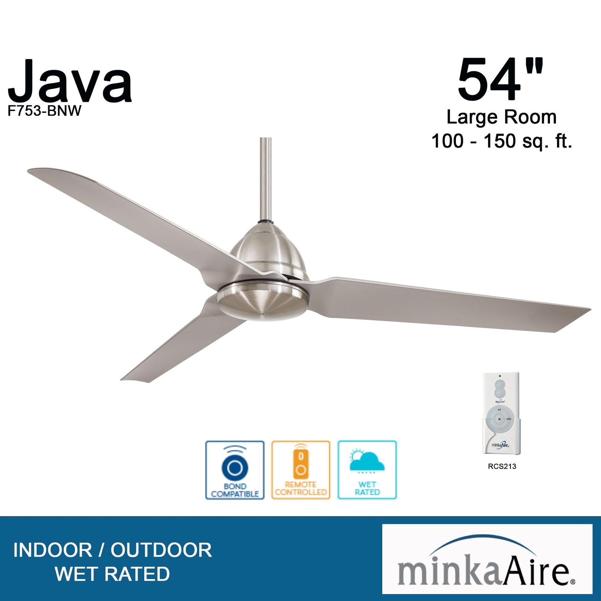 Java 54" Brushed Nickel Wet Rated Ceiling Fan with Remote - Bees Lighting